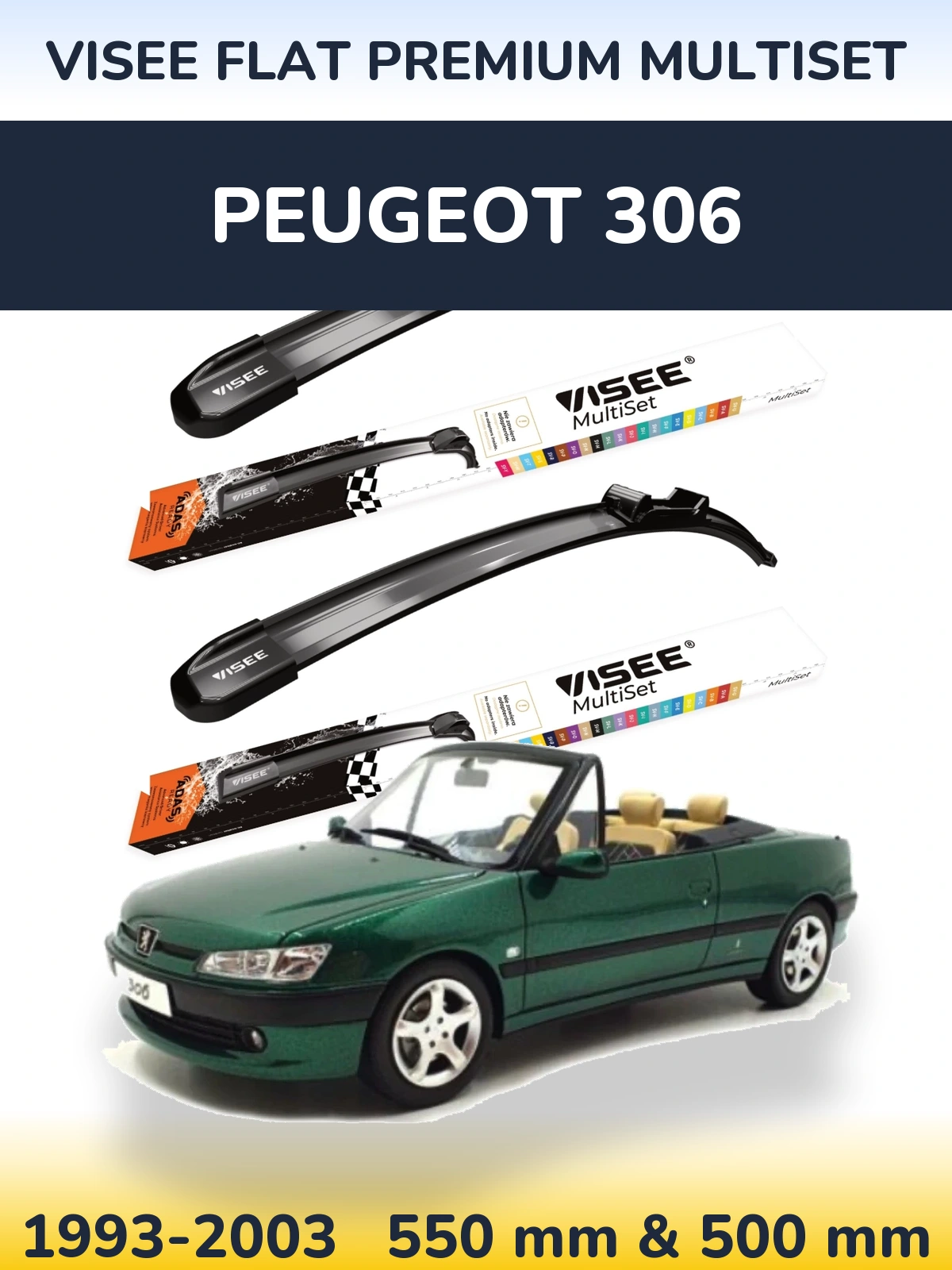 Комплект передних дворников VISEE FLAT PREMIUM MultiSet 550 & 500 мм для Peugeot 306 1993-2003