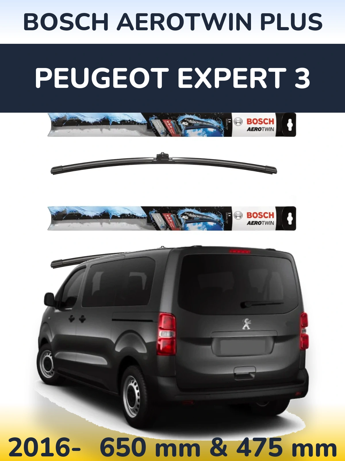 Front wiper blade set BOSCH AeroTwin Plus 650 & 475 mm for Peugeot Expert 3 2016-2026