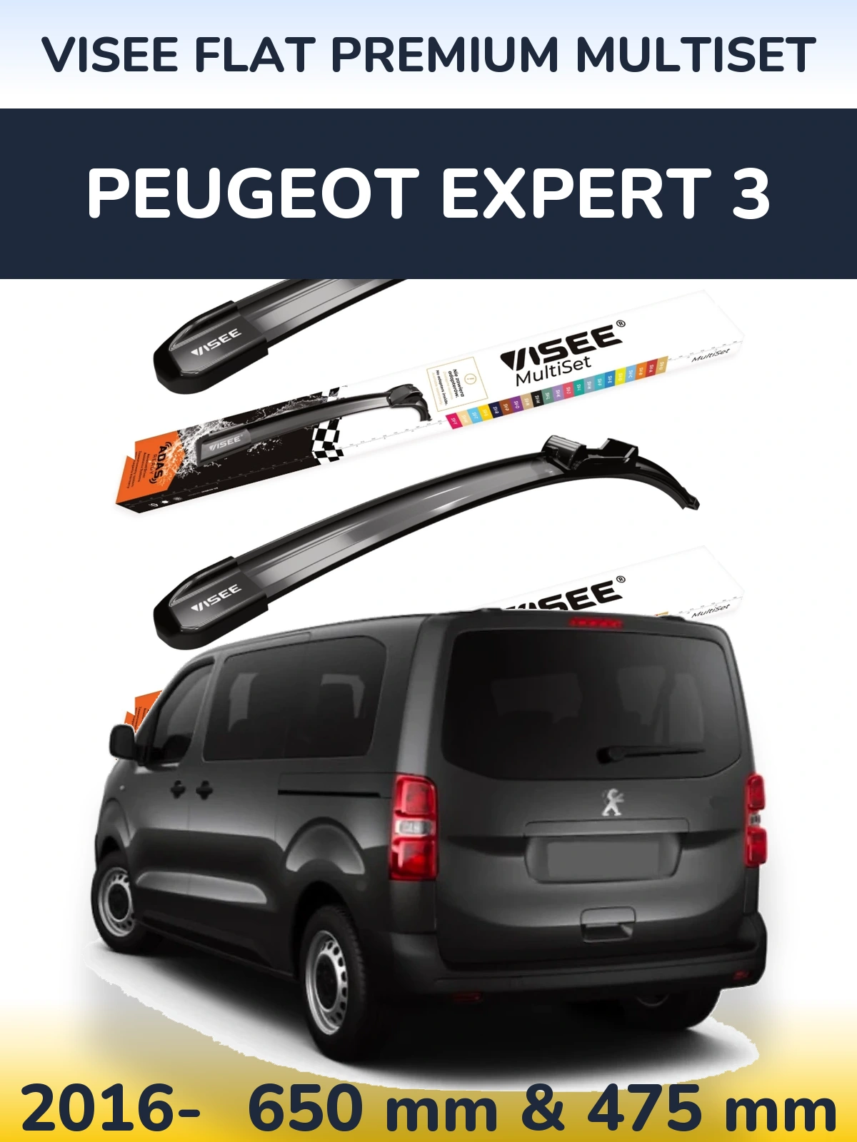 Front wiper blade set VISEE FLAT PREMIUM MultiSet 650 & 475 mm for Peugeot Expert 3 2016-2026