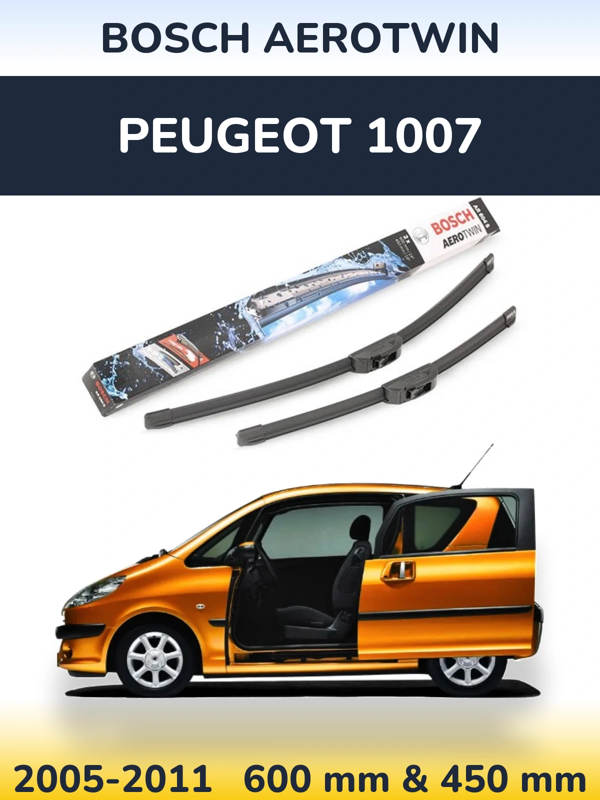 Front wiper blade set BOSCH AeroTwin 600 & 450 mm for Peugeot 1007 2005-2011