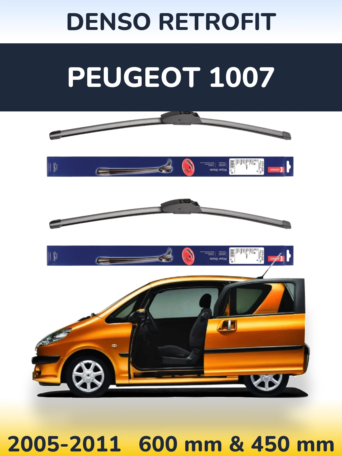 Front wiper blade set Denso Retrofit 600 & 450 mm for Peugeot 1007 2005-2011