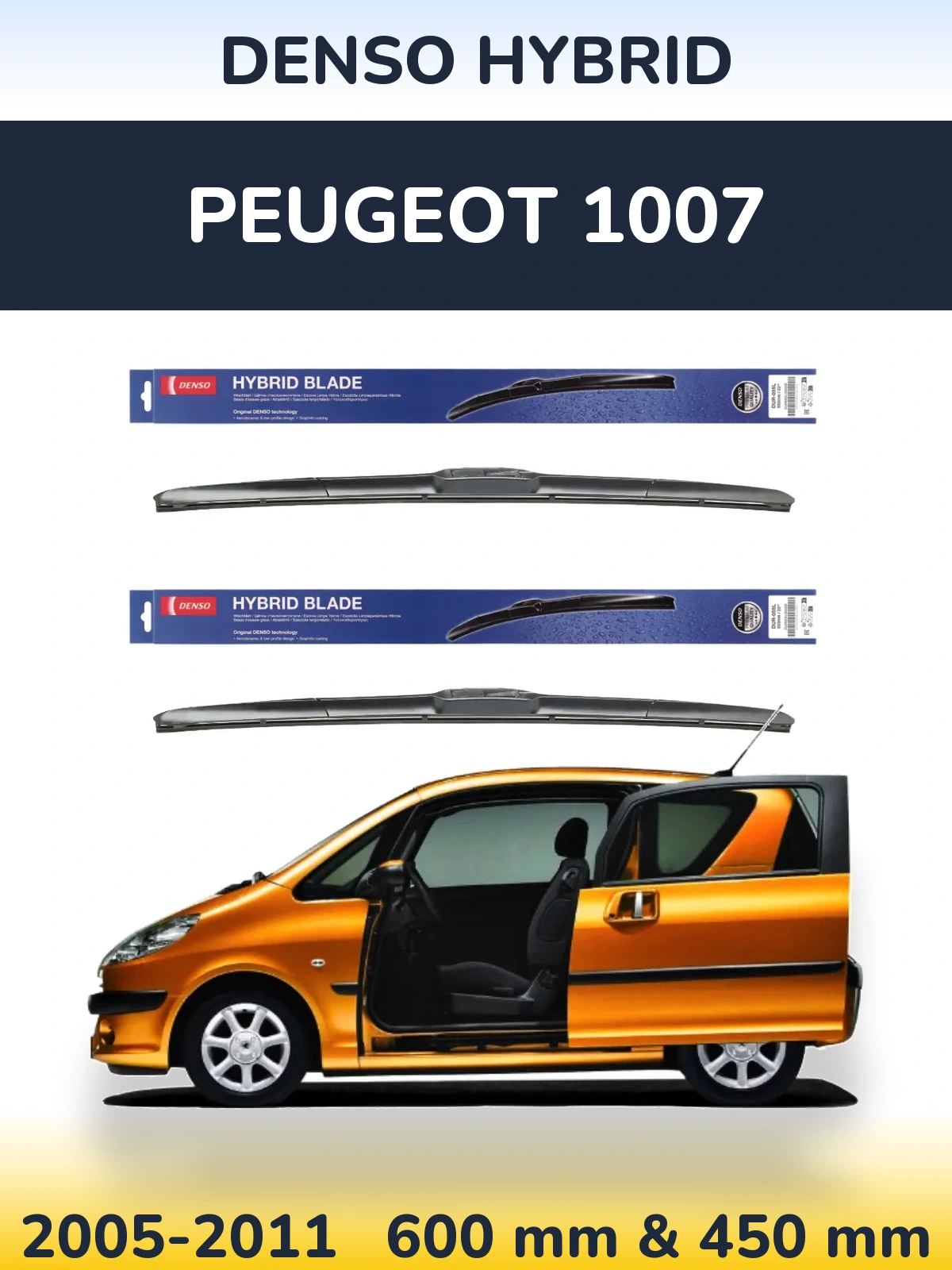Front wiper blade set Denso Hybrid 600 & 450 mm for Peugeot 1007 2005-2011