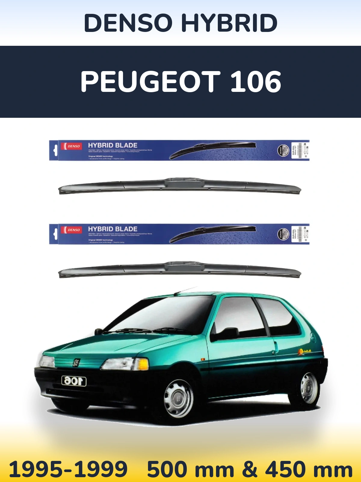 Front wiper blade set Denso Hybrid 500 & 450 mm for Peugeot 106 1995-1999