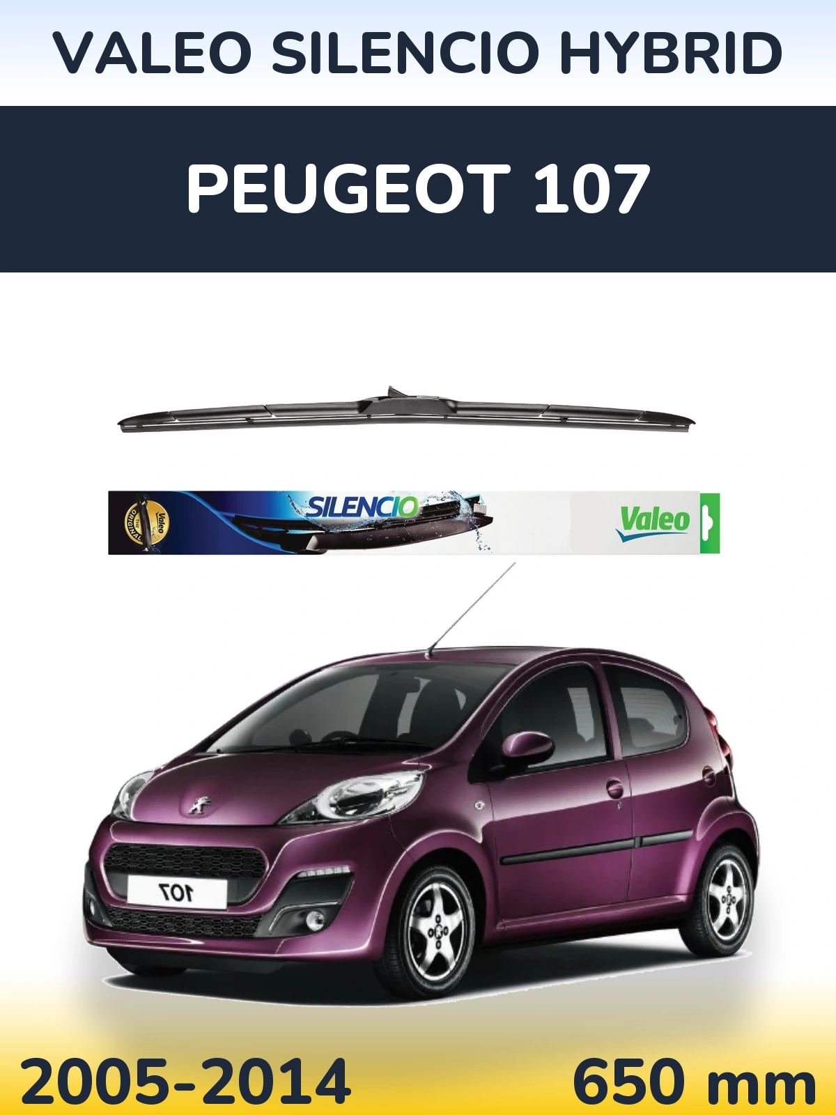 Передний дворник Valeo Silencio Hybrid 650 мм для Peugeot 107 2005-2014