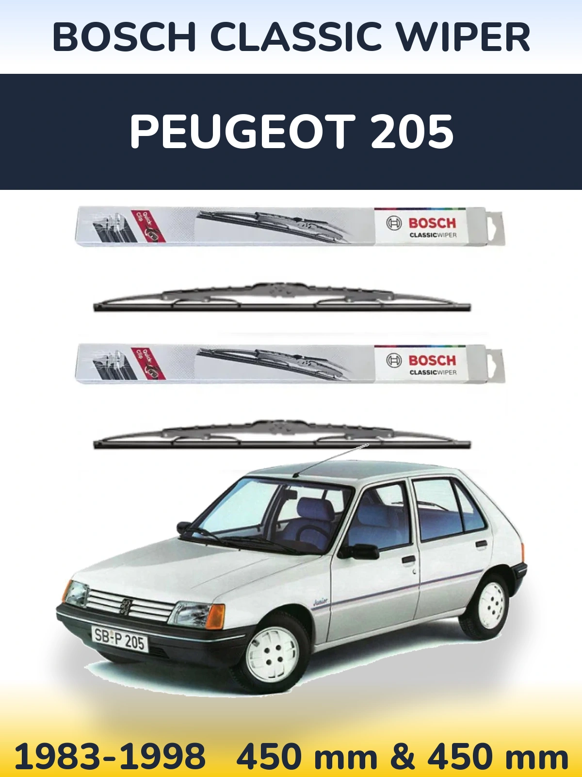 Front wiper blade set BOSCH Classic Wiper 450 & 450 mm for Peugeot 205 1983-1998