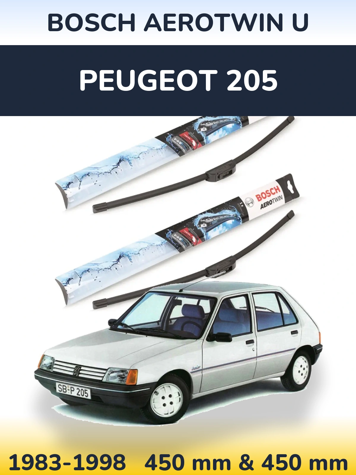 Front wiper blade set BOSCH AeroTwin U 450 & 450 mm for Peugeot 205 1983-1998