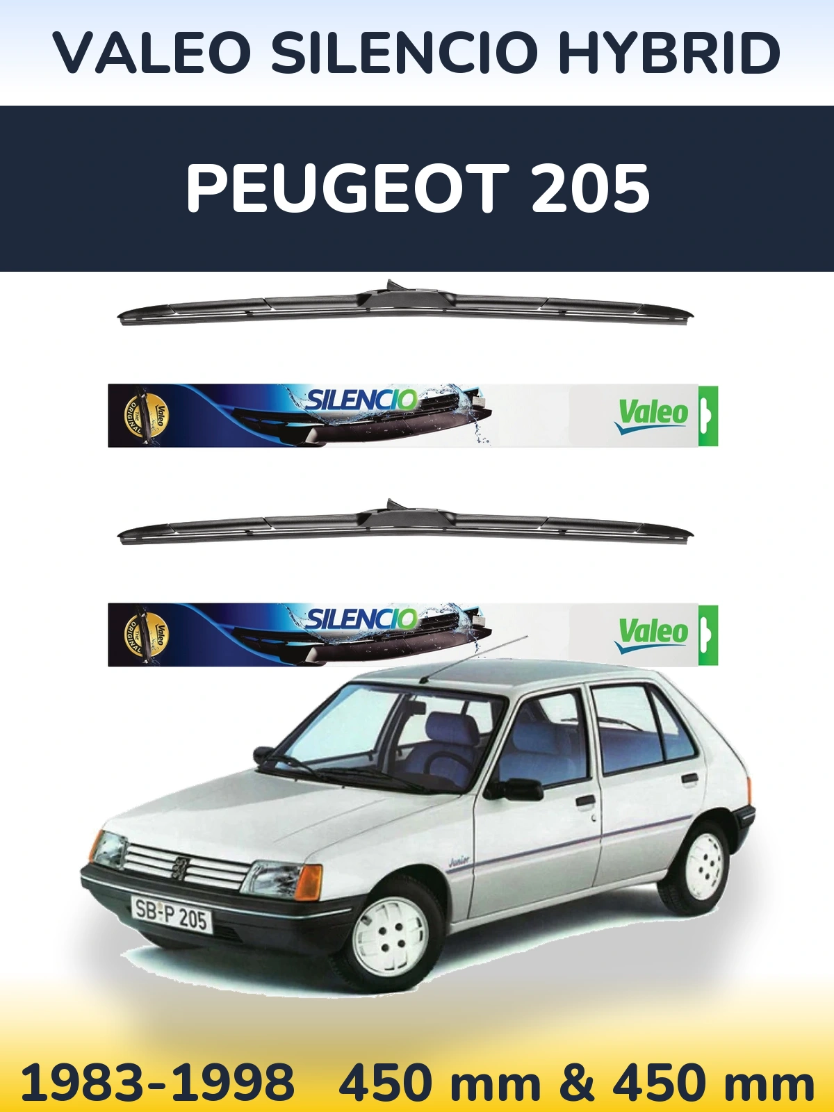 Front wiper blade set Valeo Silencio Hybrid 450 & 450 mm for Peugeot 205 1983-1998