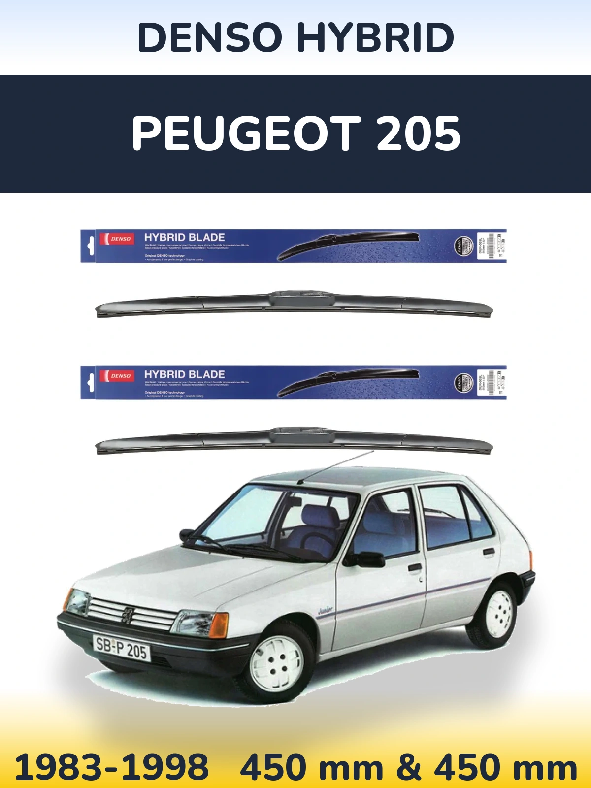 Front wiper blade set Denso Hybrid 450 & 450 mm for Peugeot 205 1983-1998
