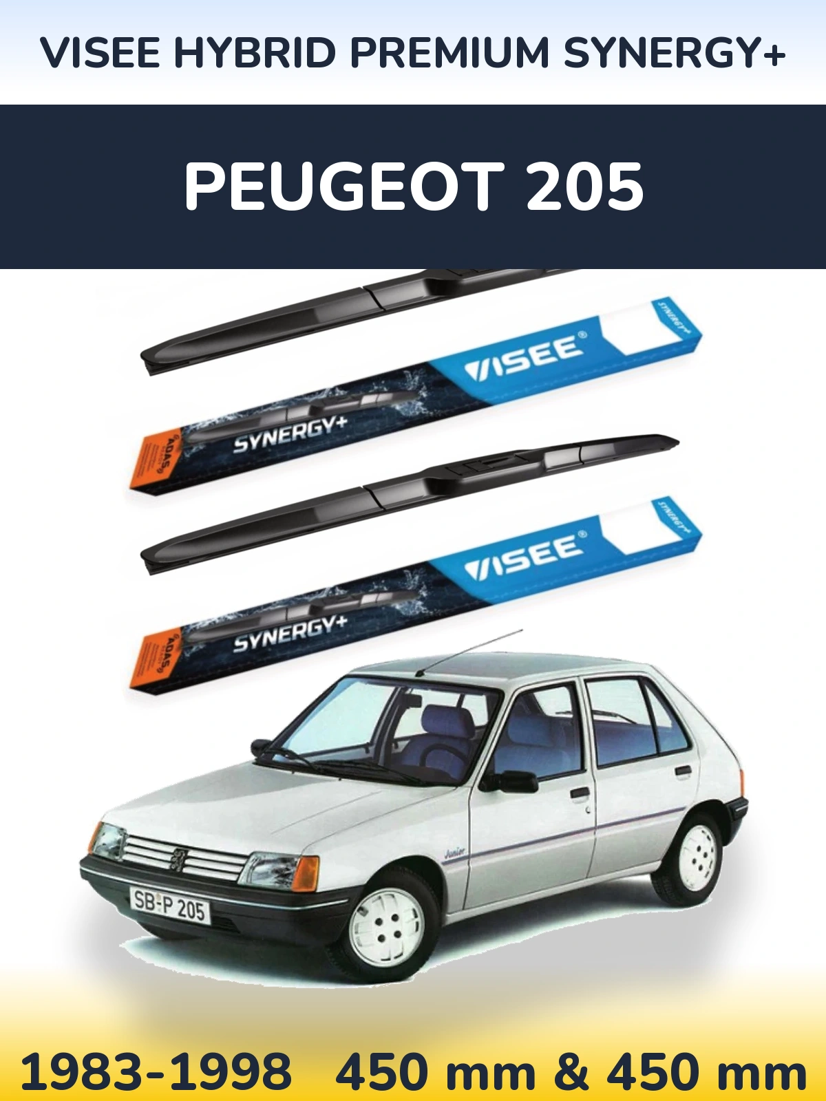 Front wiper blade set VISEE HYBRID PREMIUM SYNERGY+ 450 & 450 mm for Peugeot 205 1983-1998