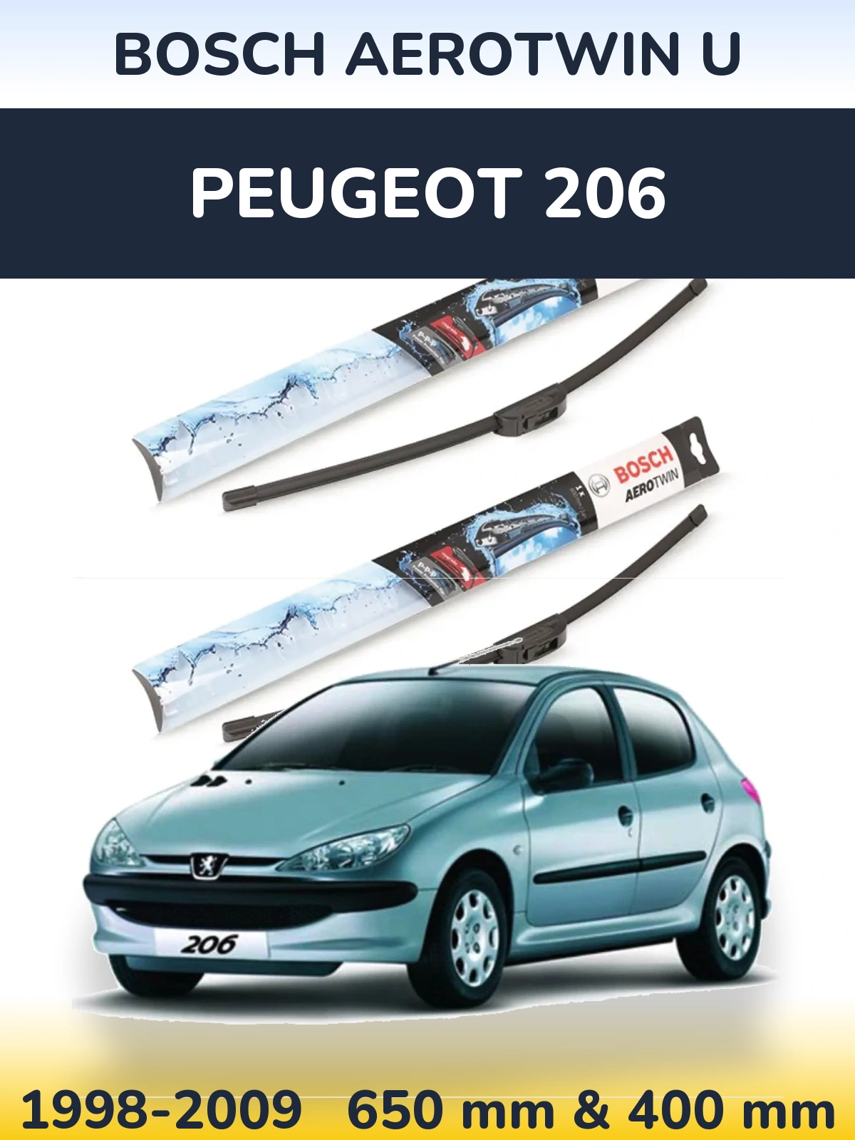 Комплект передних дворников BOSCH AeroTwin U 650 & 400 мм для Peugeot 206 1998-2009