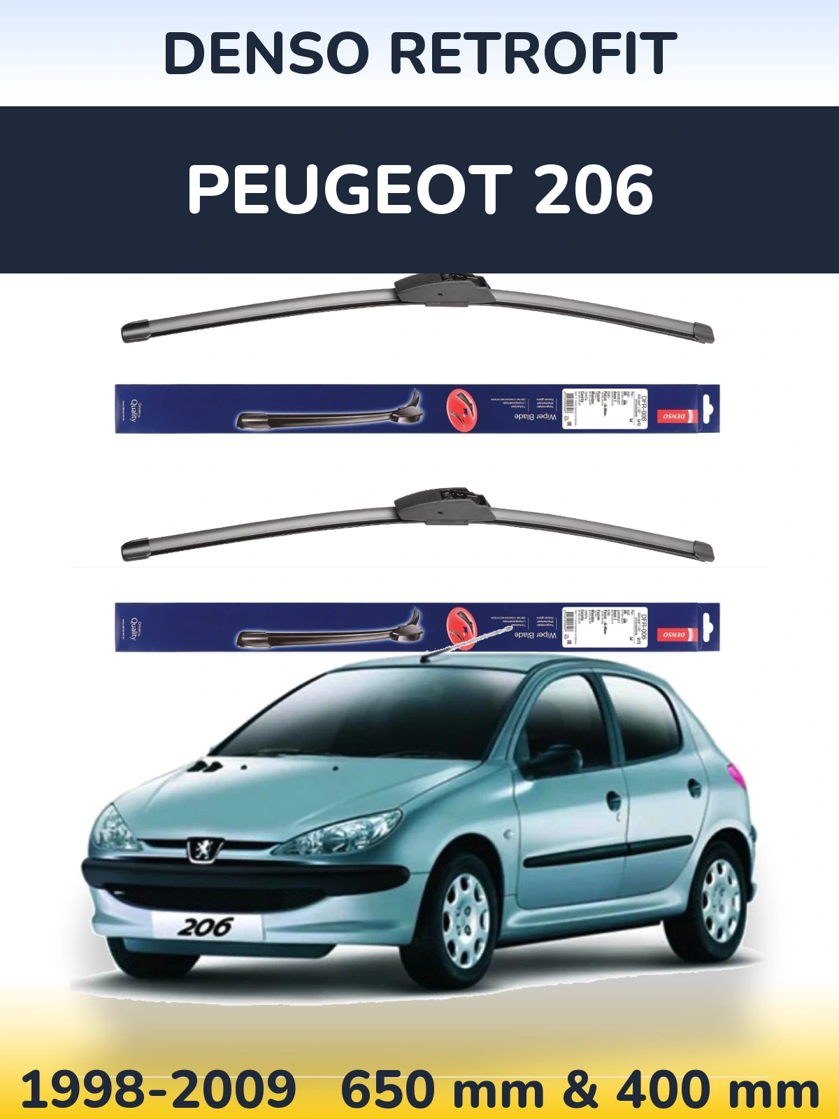 Front wiper blade set Denso Retrofit 650 & 400 mm for Peugeot 206 1998-2009