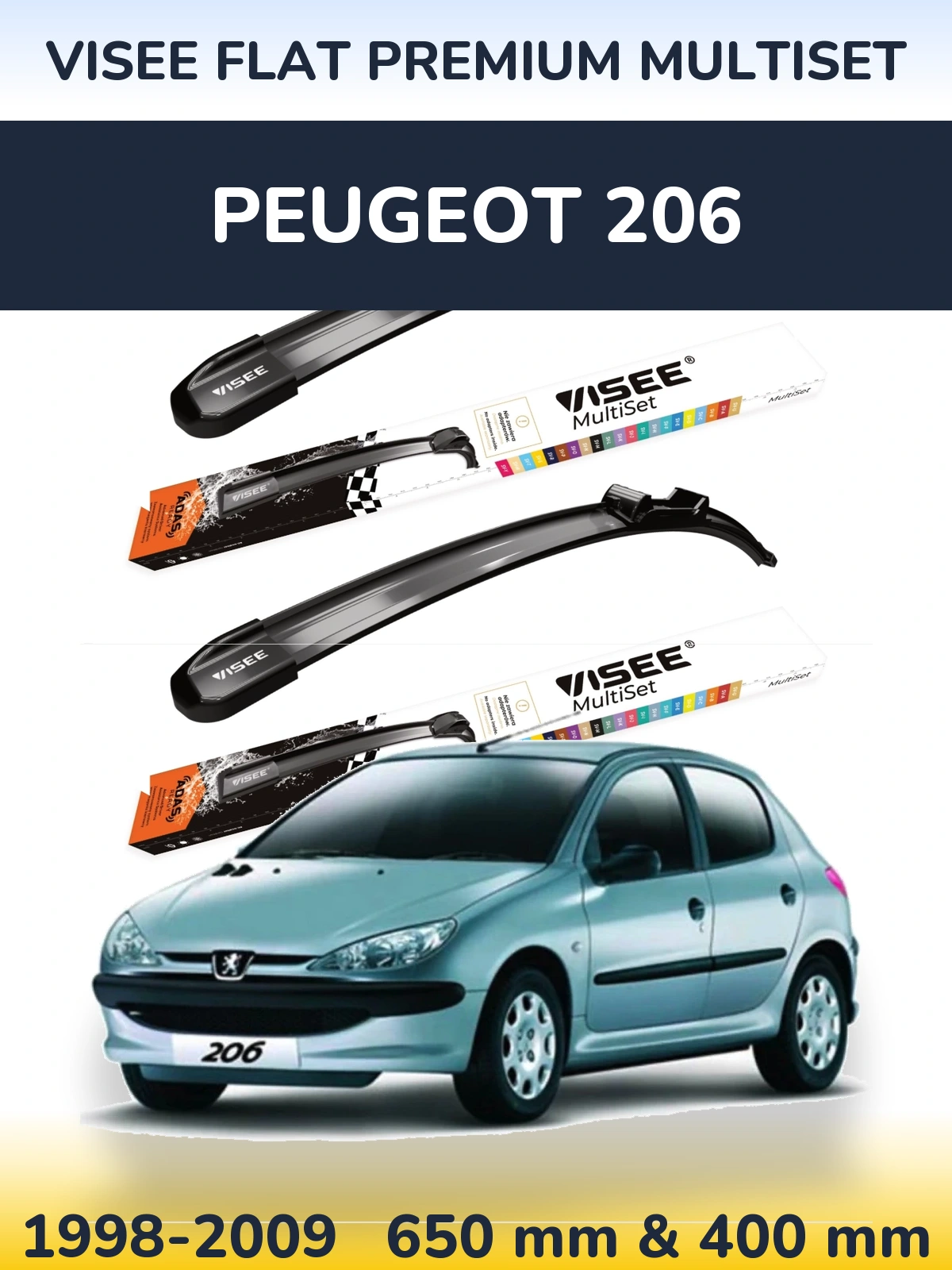 Front wiper blade set VISEE FLAT PREMIUM MultiSet 650 & 400 mm for Peugeot 206 1998-2009