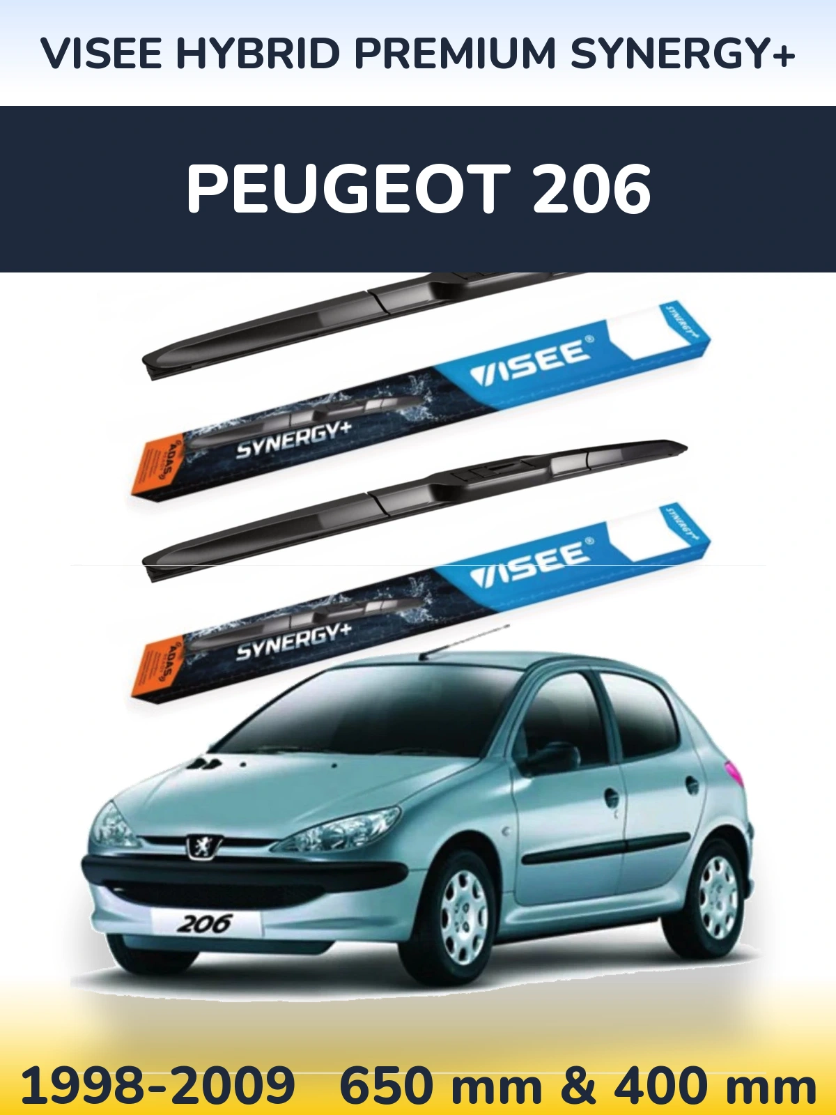 Front wiper blade set VISEE HYBRID PREMIUM SYNERGY+ 650 & 400 mm for Peugeot 206 1998-2009