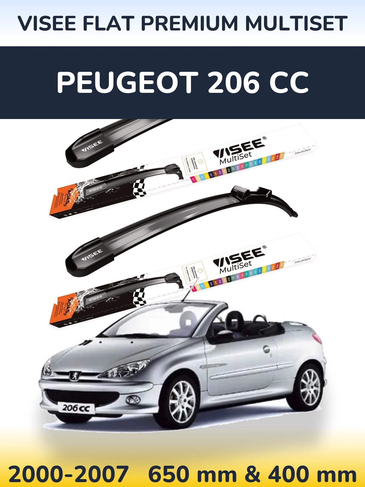 Front wiper blade set VISEE FLAT PREMIUM MultiSet 650 & 400 mm for Peugeot 206 CC 2000-2007