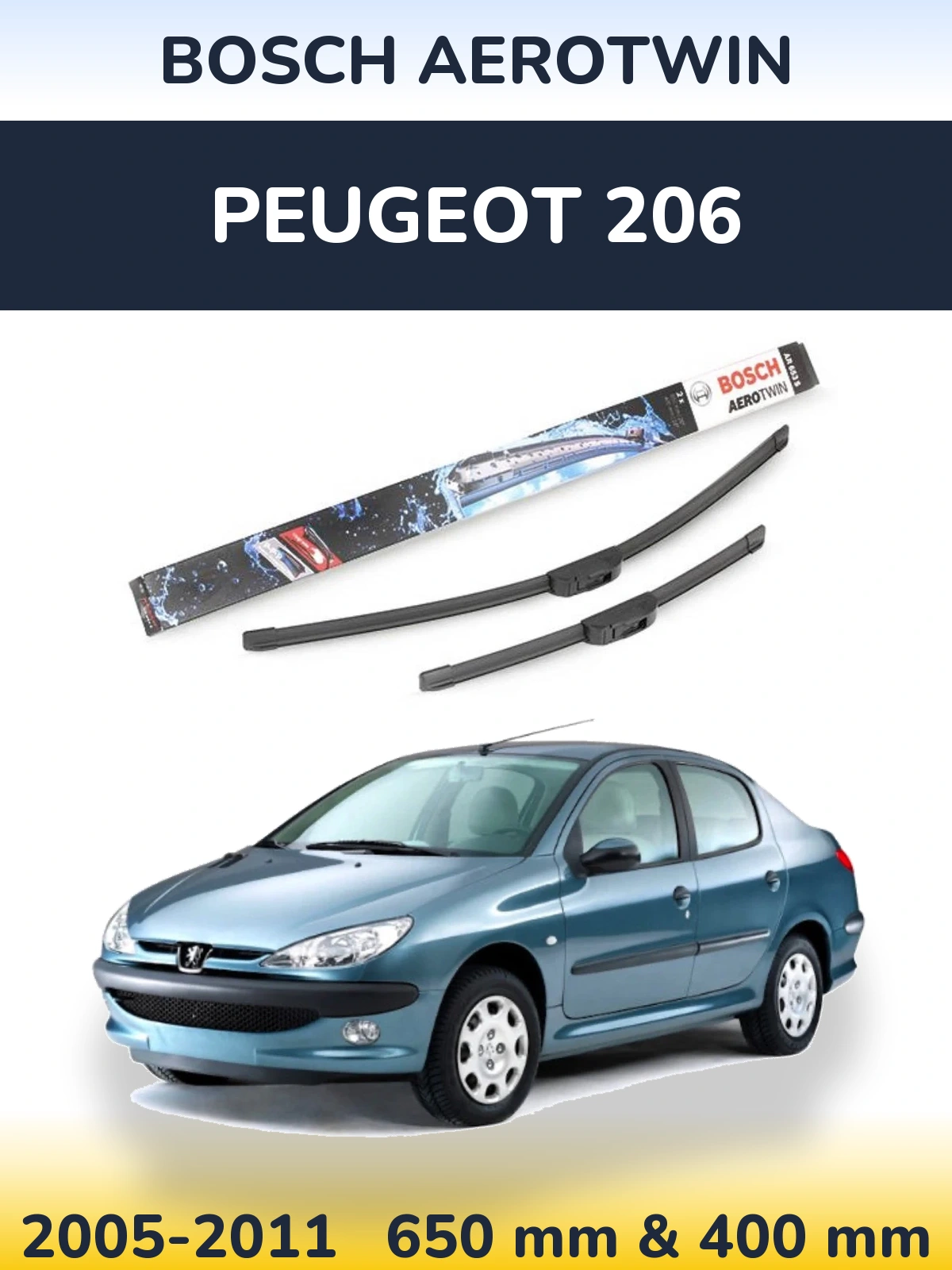 Front wiper blade set BOSCH AeroTwin 650 & 400 mm for Peugeot 206 2005-2011