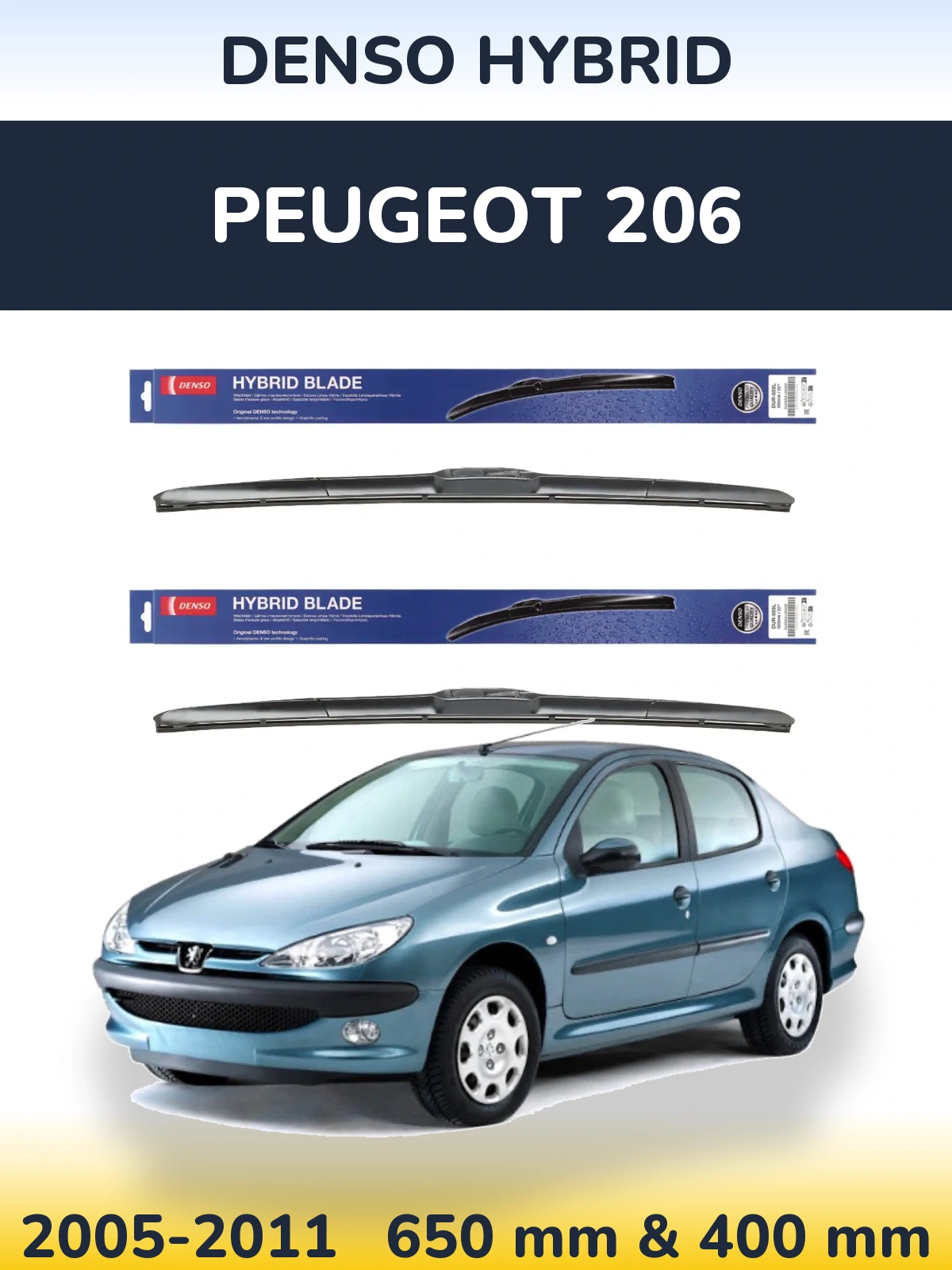 Front wiper blade set Denso Hybrid 650 & 400 mm for Peugeot 206 2005-2011