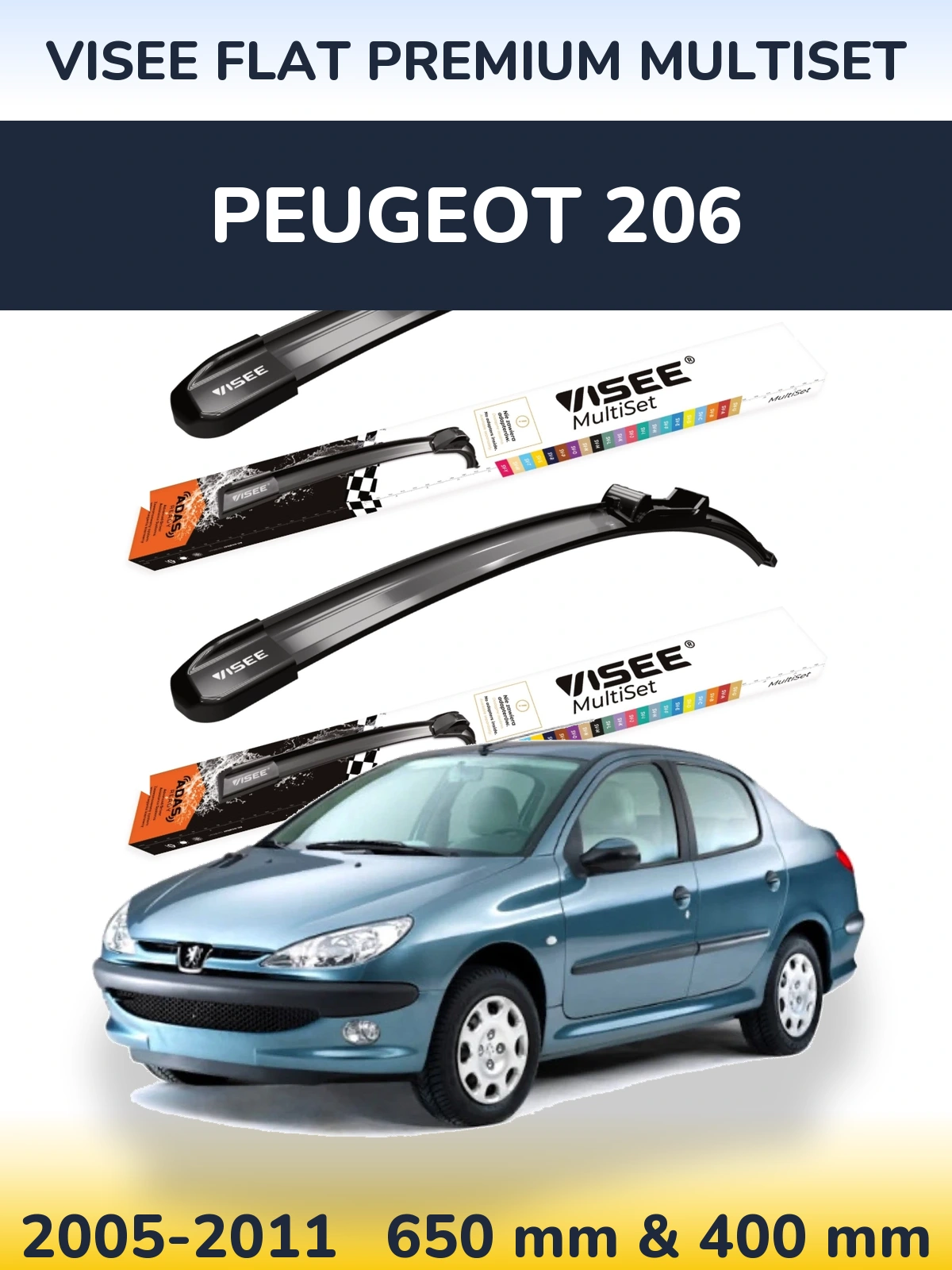 Front wiper blade set VISEE FLAT PREMIUM MultiSet 650 & 400 mm for Peugeot 206 2005-2011