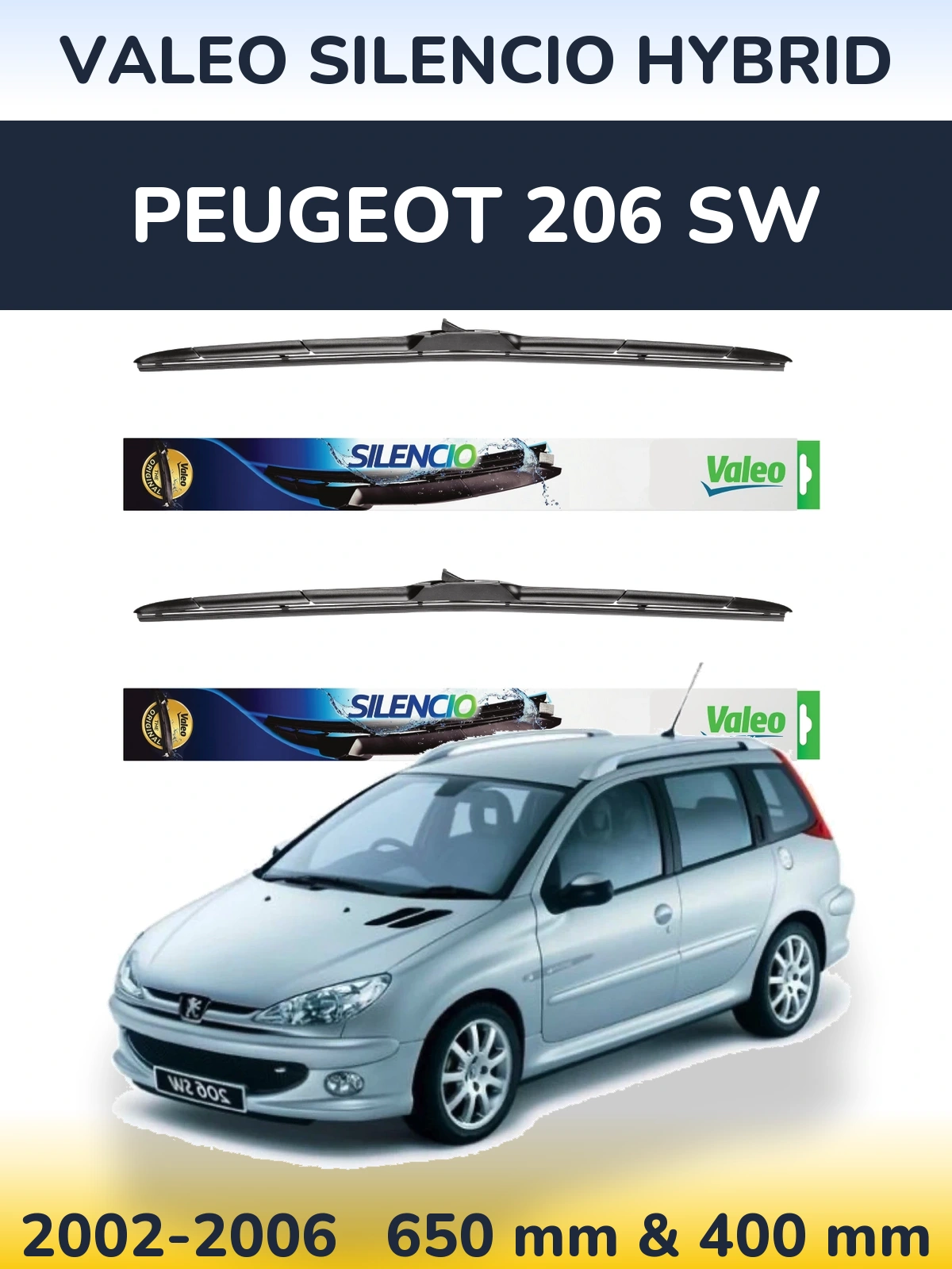 Front wiper blade set Valeo Silencio Hybrid 650 & 400 mm for Peugeot 206 SW 2002-2006