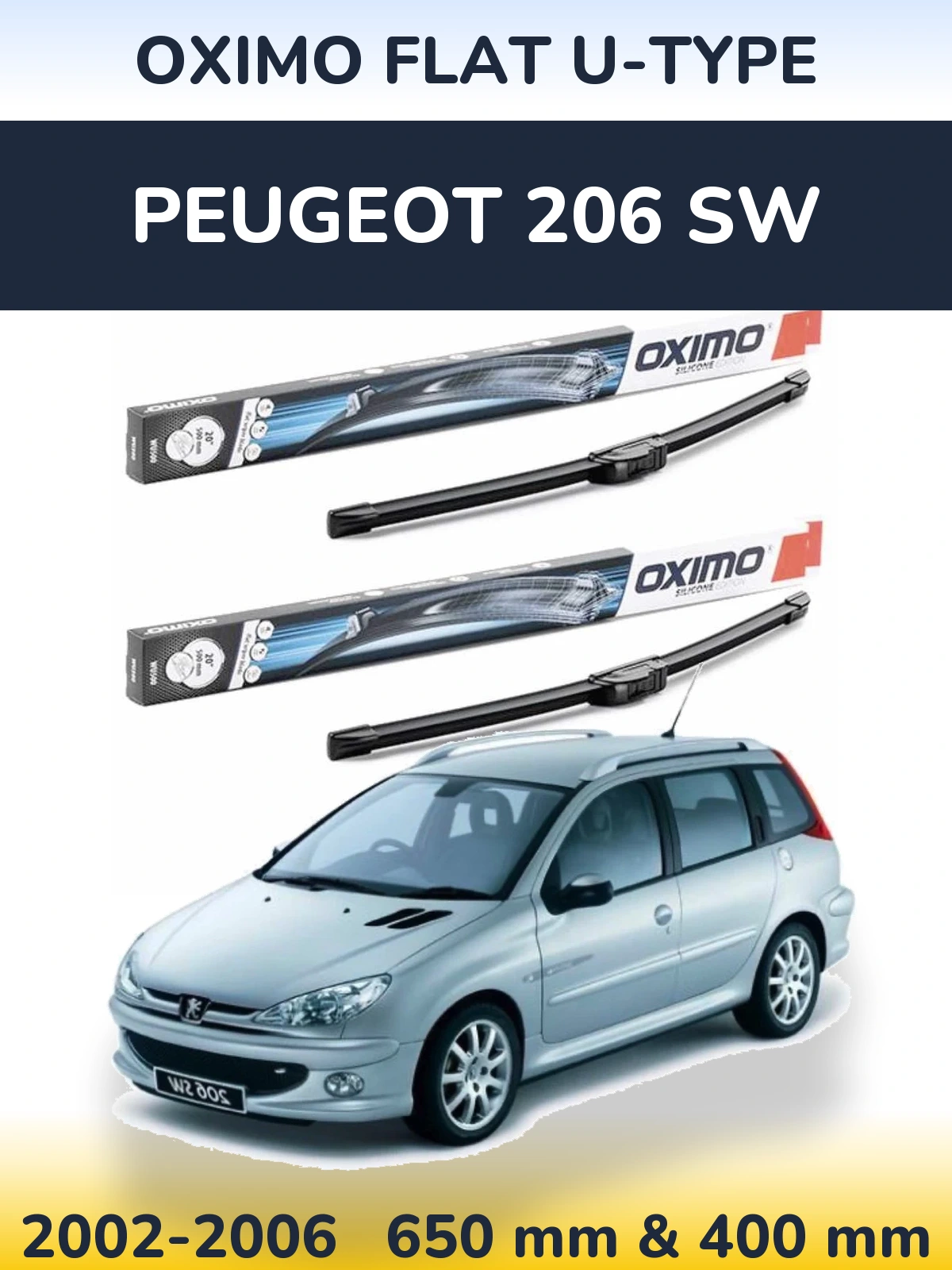 Front wiper blade set Oximo Flat U-type 650 & 400 mm for Peugeot 206 SW 2002-2006