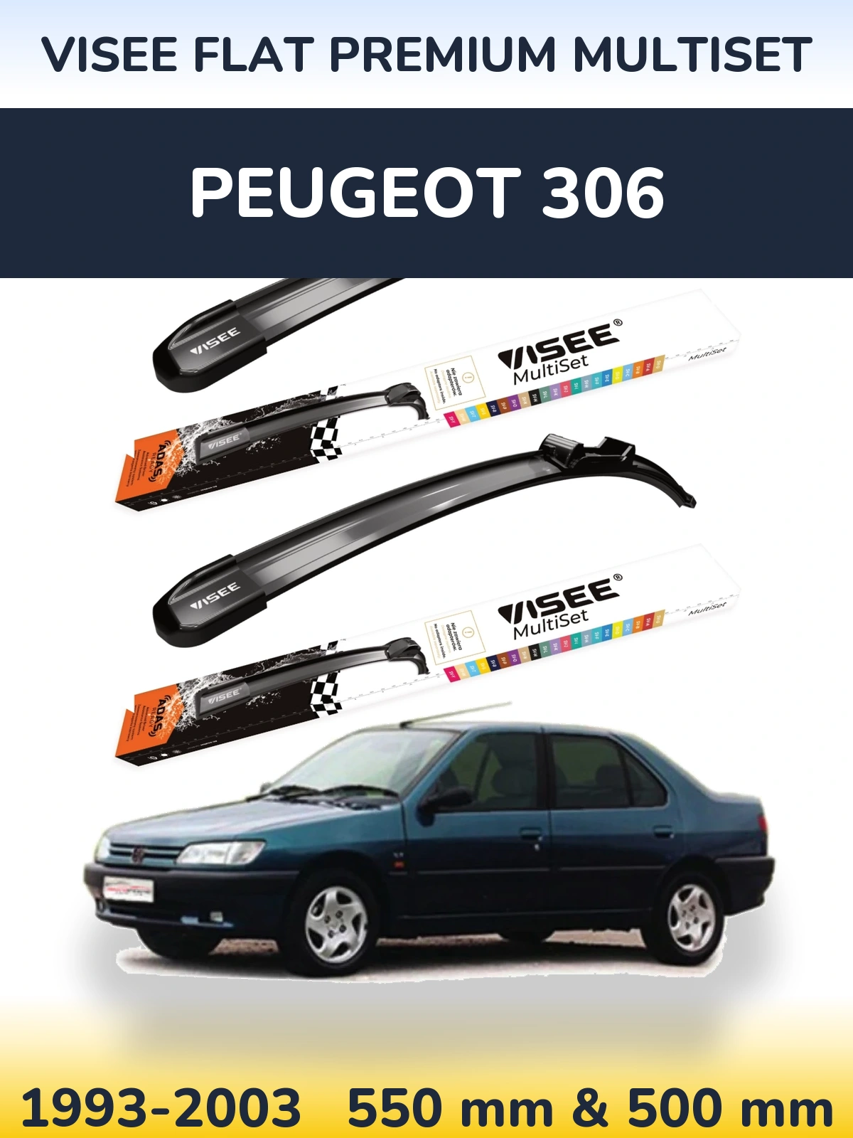 Front wiper blade set VISEE FLAT PREMIUM MultiSet 550 & 500 mm for Peugeot 306 1993-2003