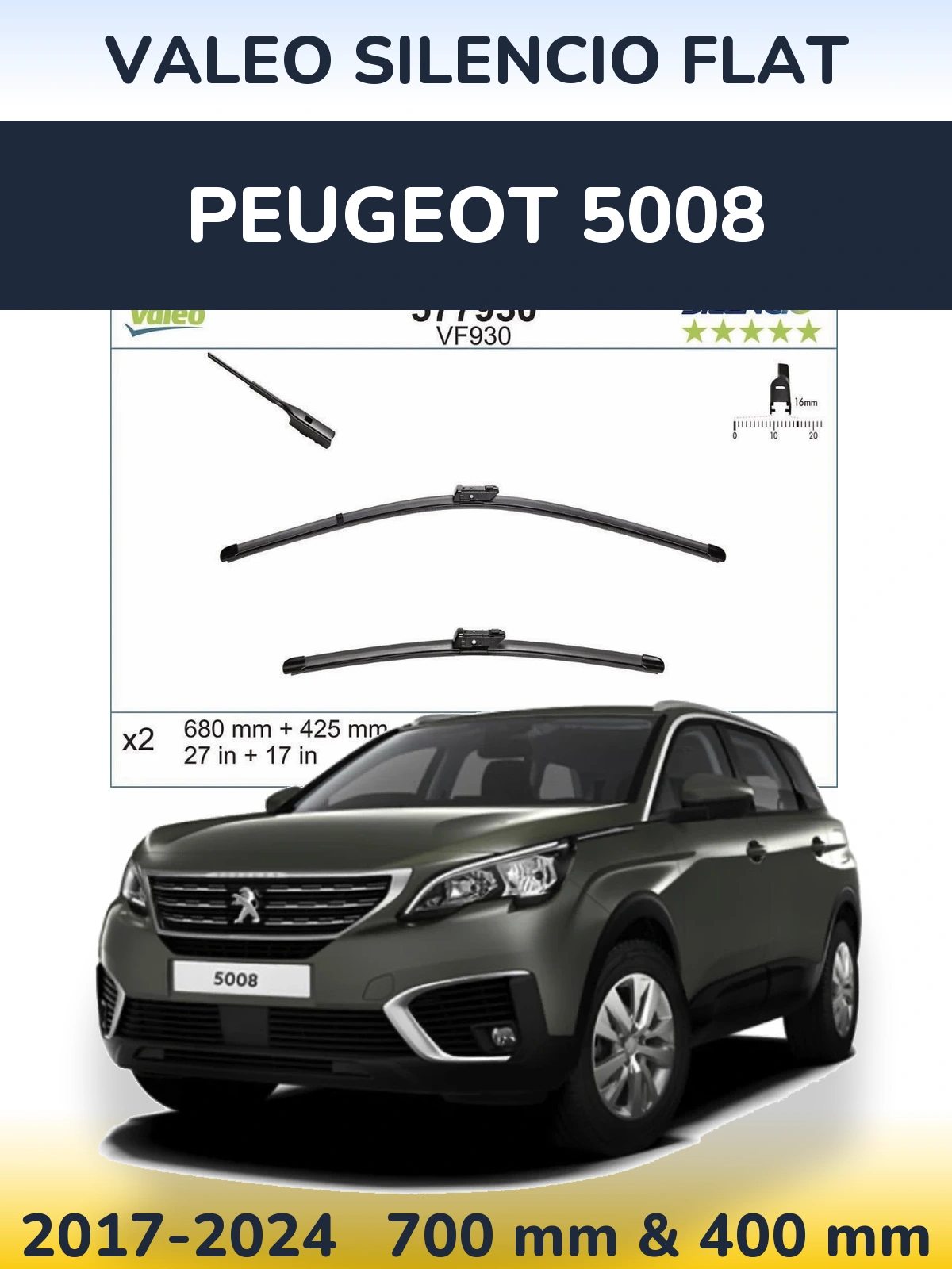 Front wiper blade set Valeo Silencio Flat 680 & 400 mm for Peugeot 5008 2017-2024