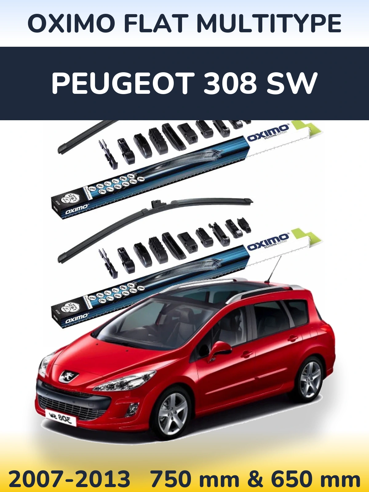 Комплект передніх щіток Oximo Flat MultiТипe 750 & 650 мм для Peugeot 308 SW 2007-2013