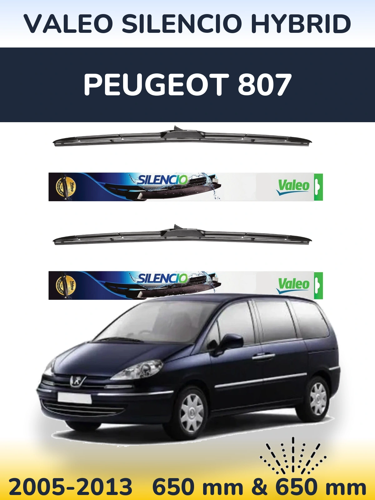 Front wiper blade set Valeo Silencio Hybrid 650 & 650 mm for Peugeot 807 2005-2013