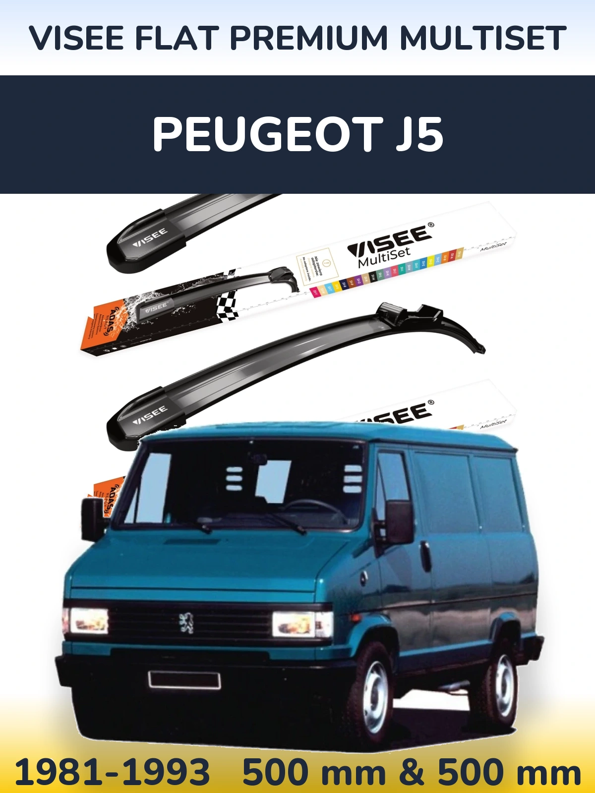 Front wiper blade set VISEE FLAT PREMIUM MultiSet 500 & 500 mm for Peugeot J5 1981-1993