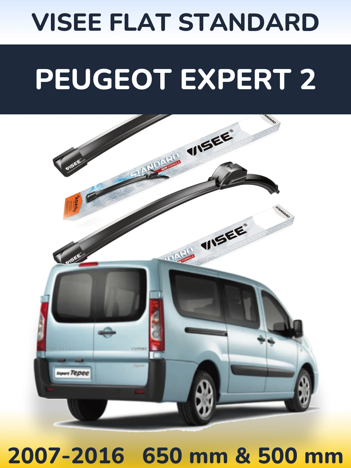 Front wiper blade set VISEE FLAT STANDARD 650 & 500 mm for Peugeot Expert 2 2007-2016