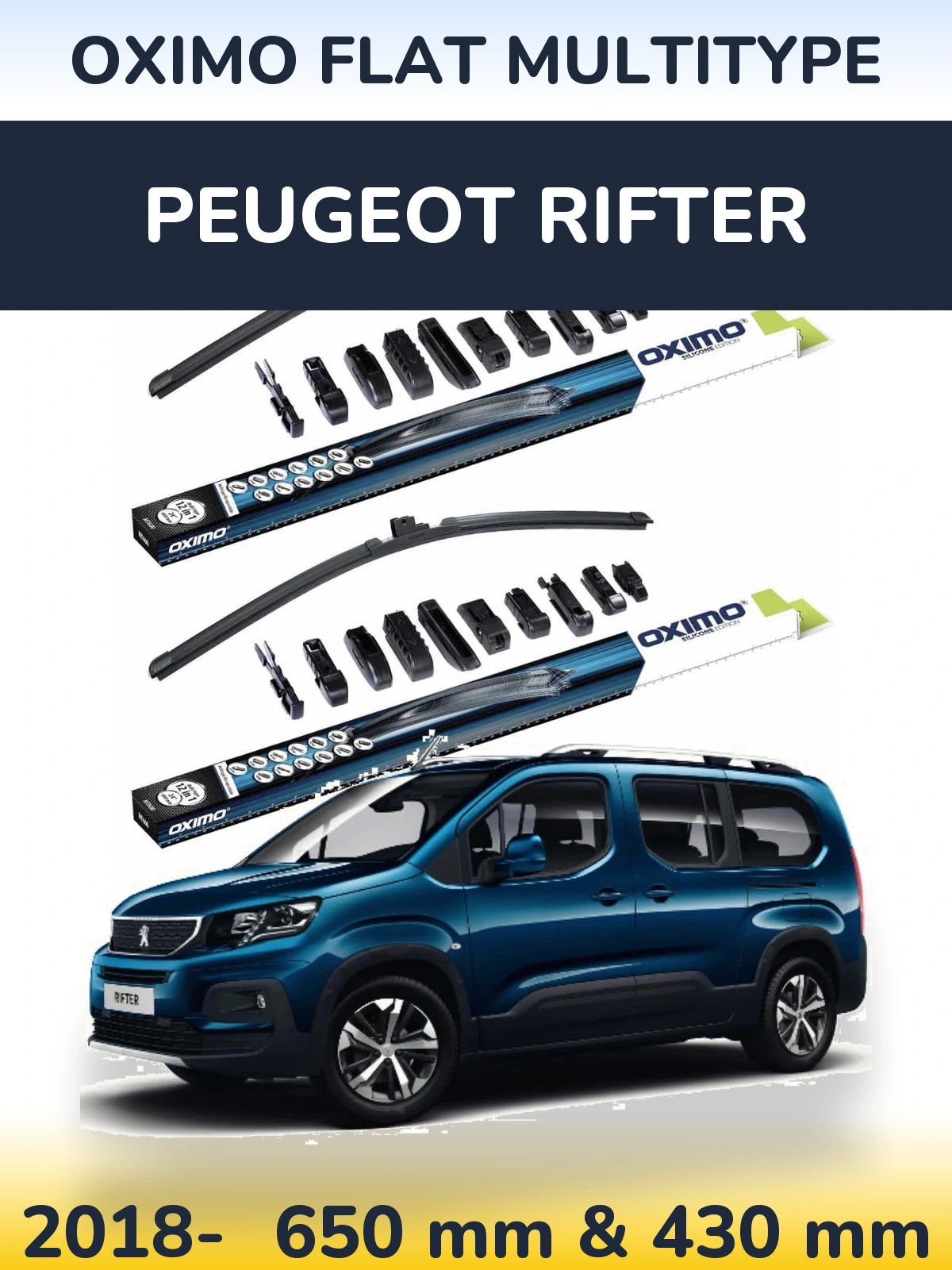 Front wiper blade set Oximo Flat MultiTypee 650 & 430 mm for Peugeot Rifter 2018-2026