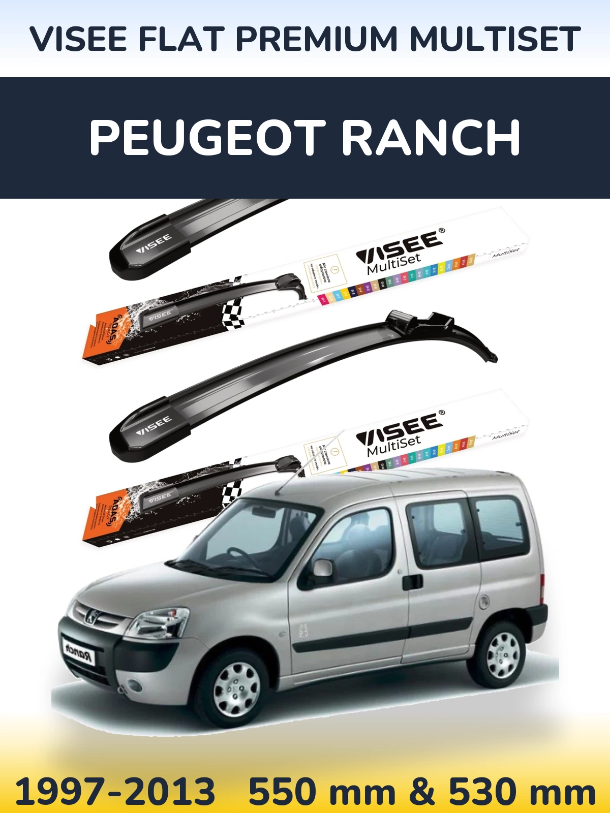 Front wiper blade set VISEE FLAT PREMIUM MultiSet 550 & 530 mm for Peugeot Ranch 1997-2013
