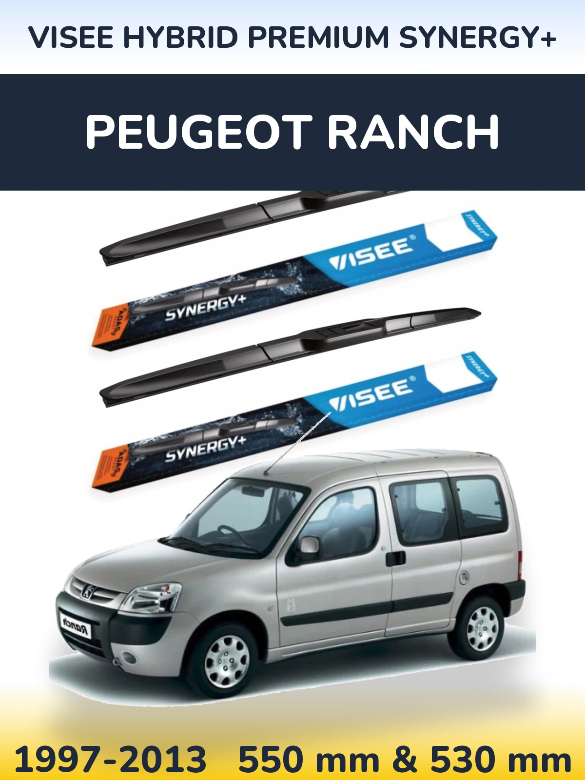 Front wiper blade set VISEE HYBRID PREMIUM SYNERGY+ 550 & 530 mm for Peugeot Ranch 1997-2013