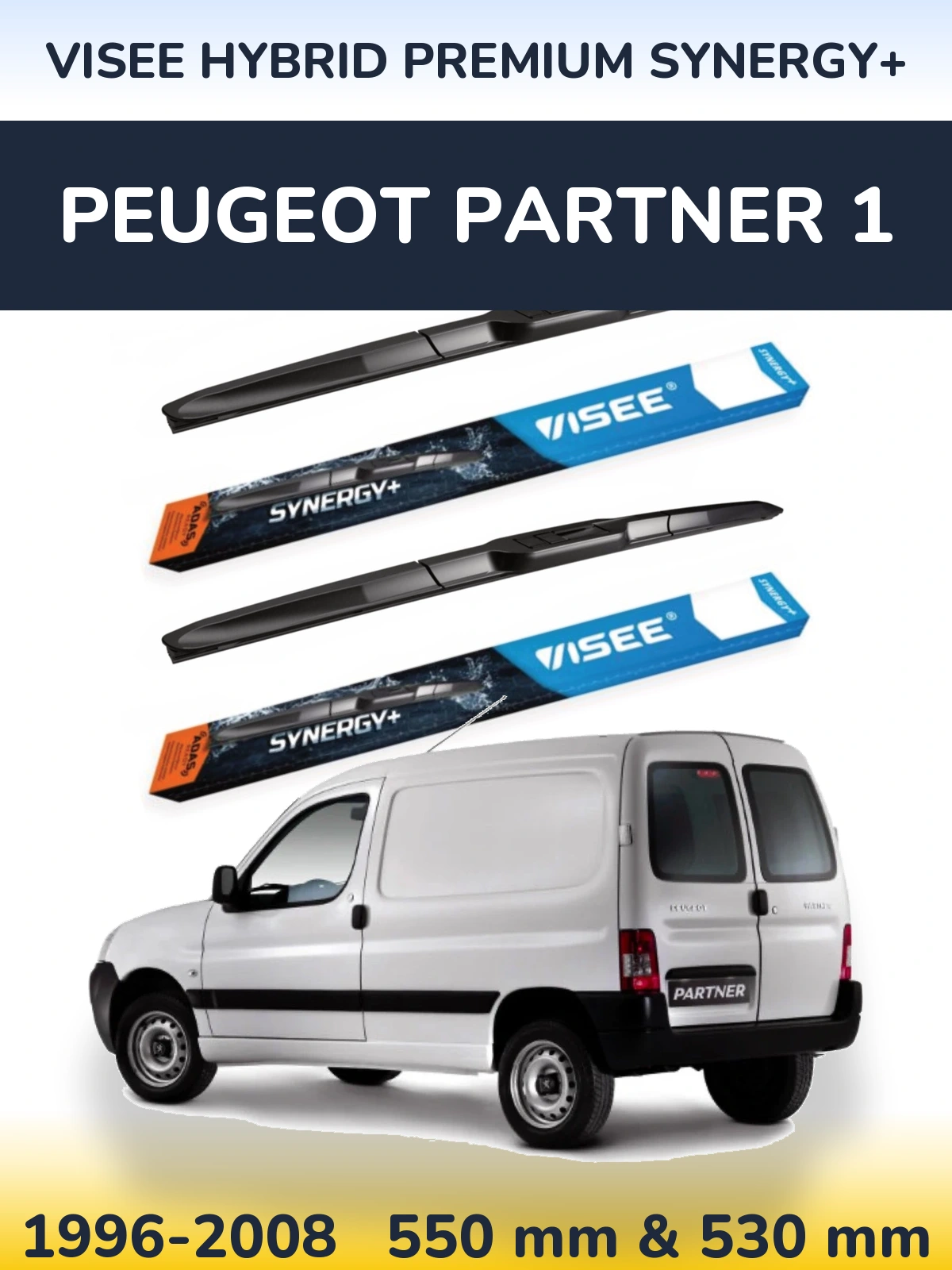 Front wiper blade set VISEE HYBRID PREMIUM SYNERGY+ 550 & 530 mm for Peugeot Partner 1 1996-2008