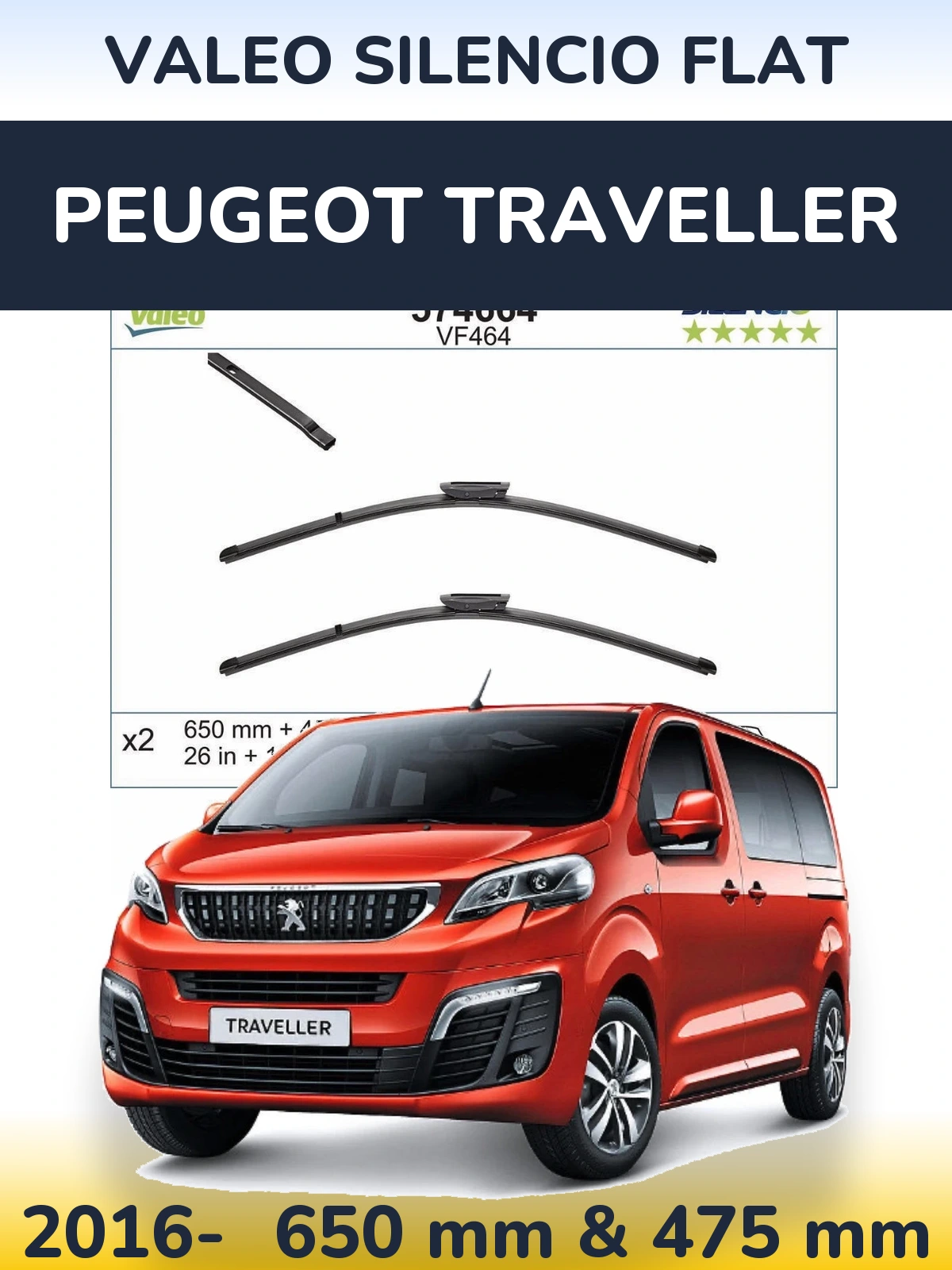 Front wiper blade set Valeo Silencio Flat 650 & 450 mm for Peugeot Traveller 2016-2026