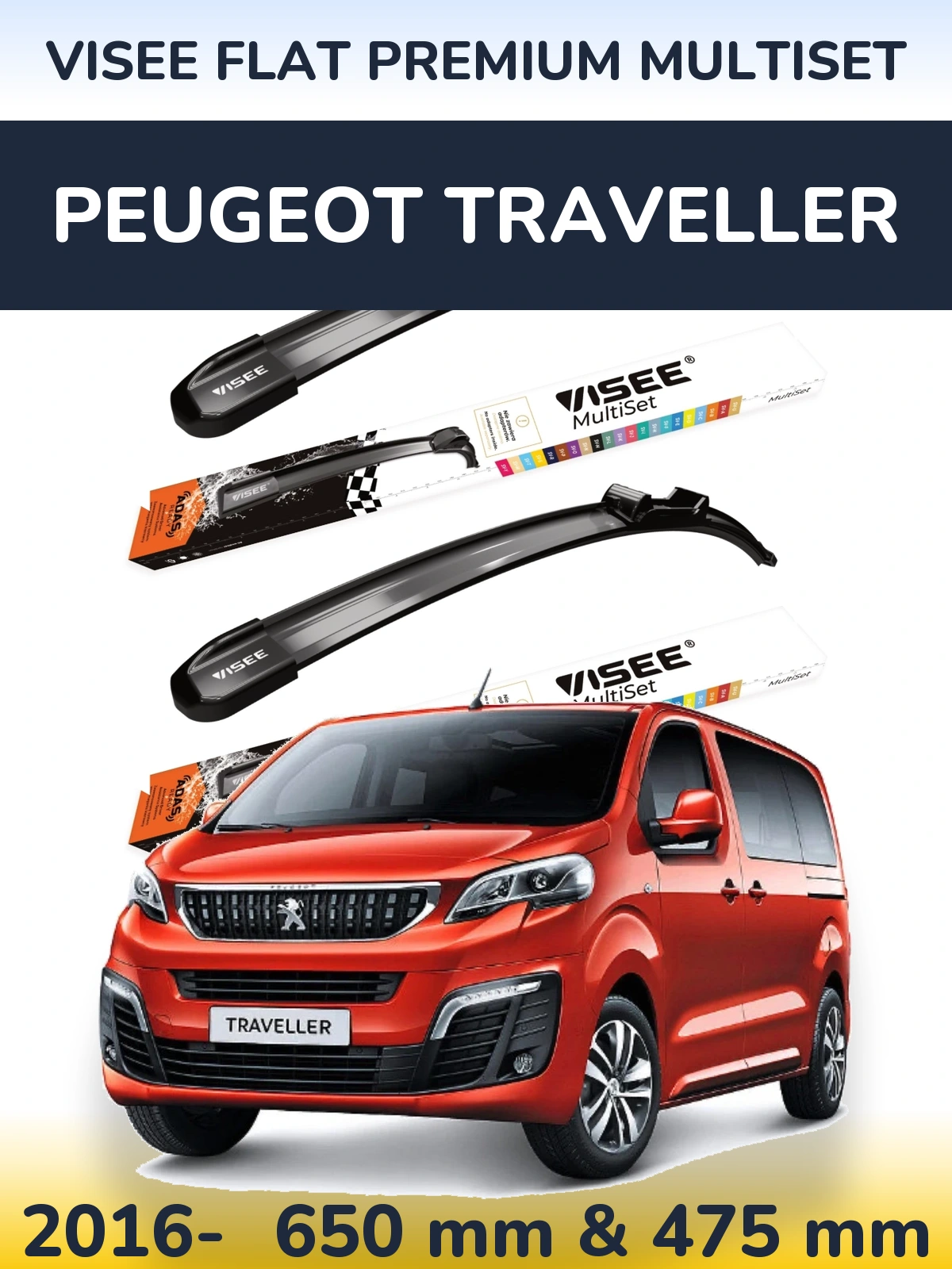 Front wiper blade set VISEE FLAT PREMIUM MultiSet 650 & 475 mm for Peugeot Traveller 2016-2026