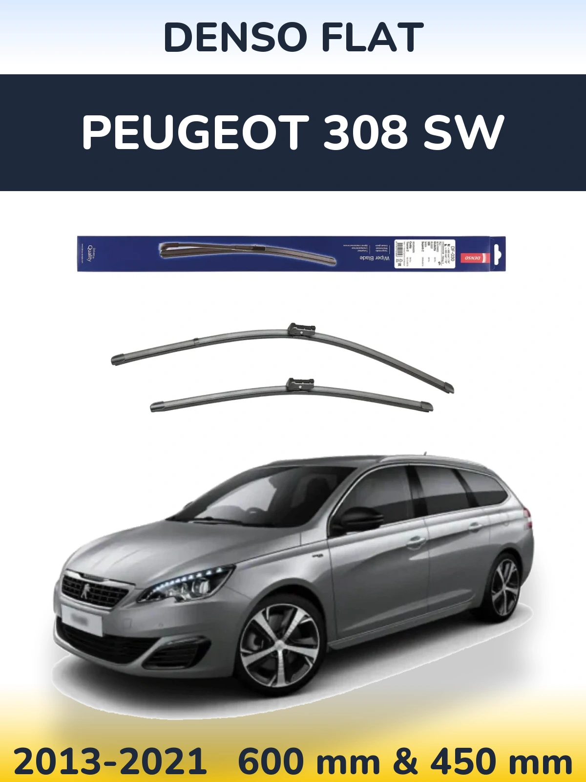 Front wiper blade set Denso Flat 600 & 450 mm for Peugeot 308 SW 2013-2021