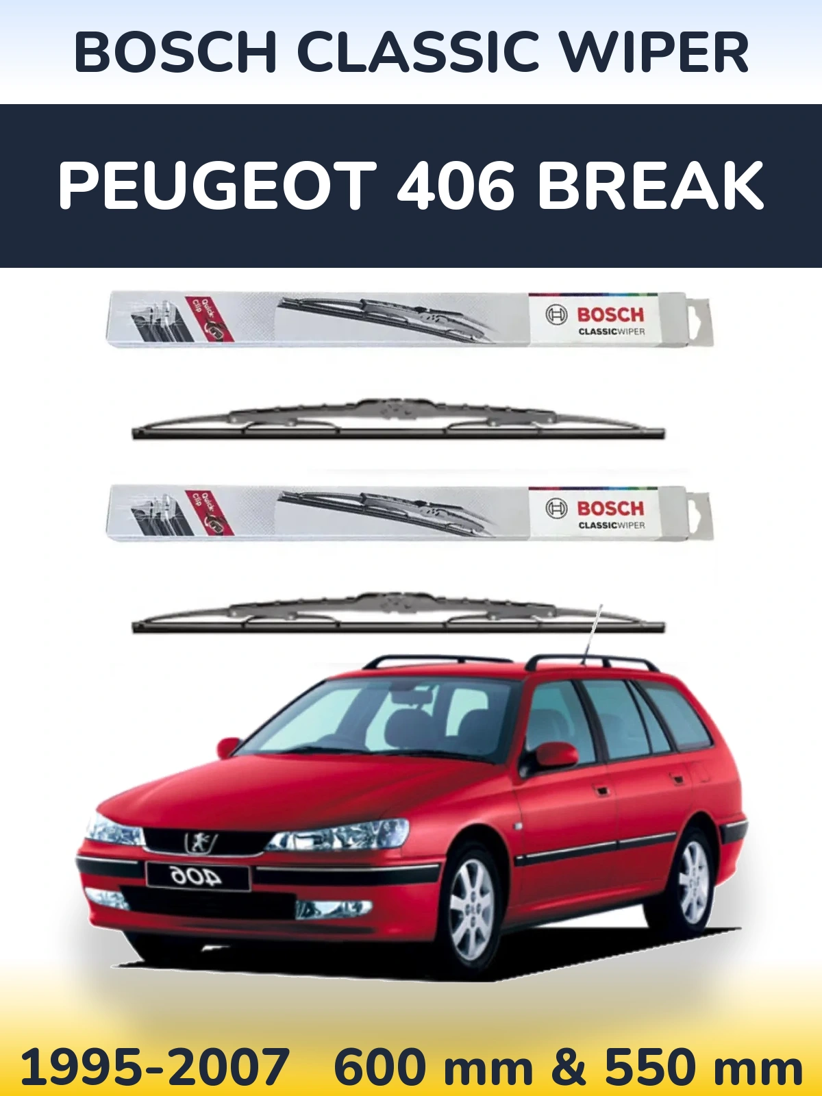 Front wiper blade set BOSCH Classic Wiper 600 & 550 mm for Peugeot 406 Break 1995-2007