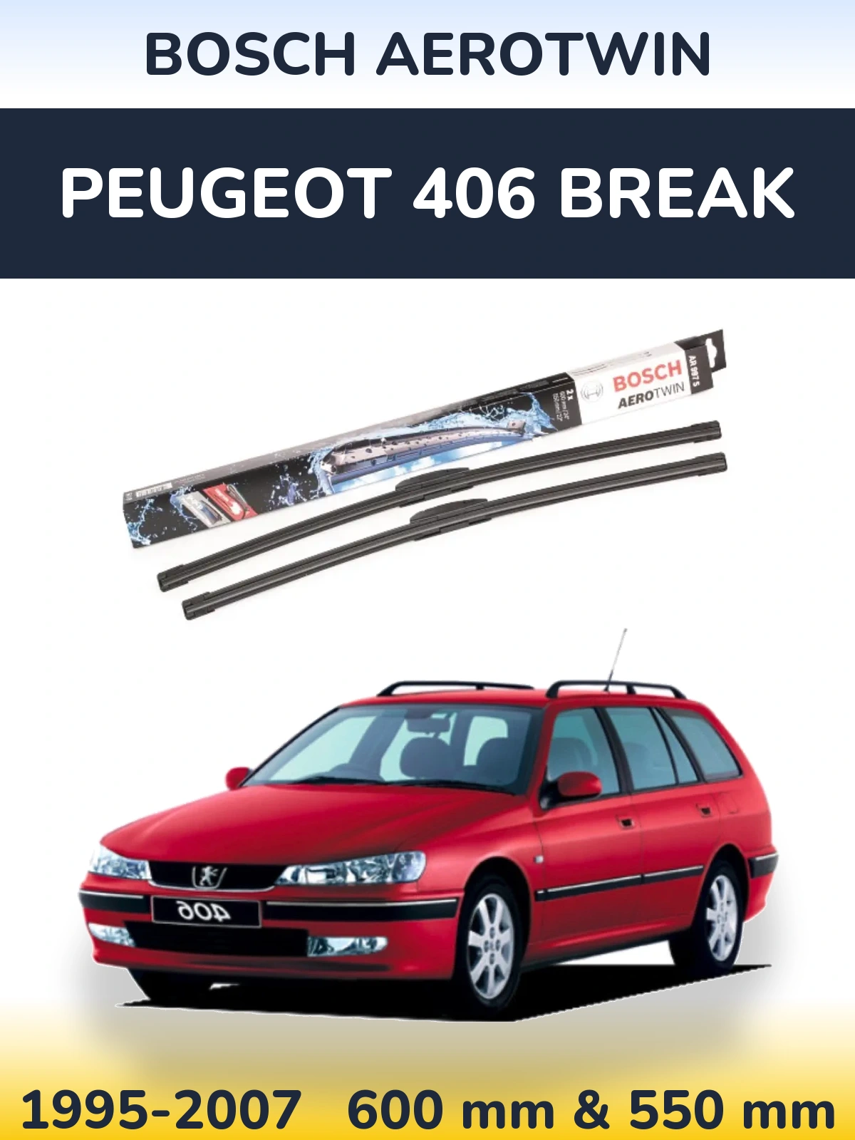 Front wiper blade set BOSCH AeroTwin 600 & 550 mm for Peugeot 406 Break 1995-2007