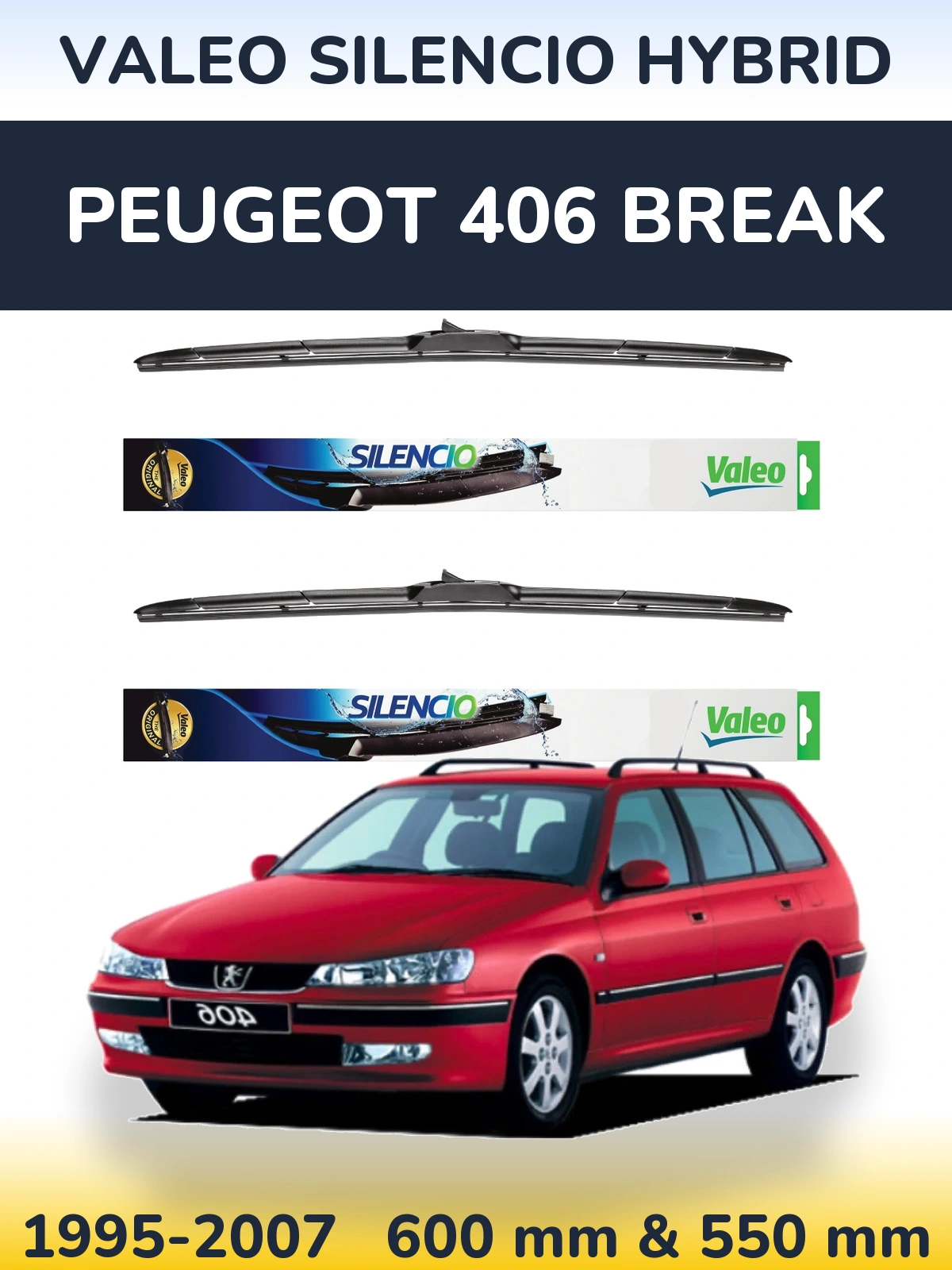 Front wiper blade set Valeo Silencio Hybrid 600 & 550 mm for Peugeot 406 Break 1995-2007