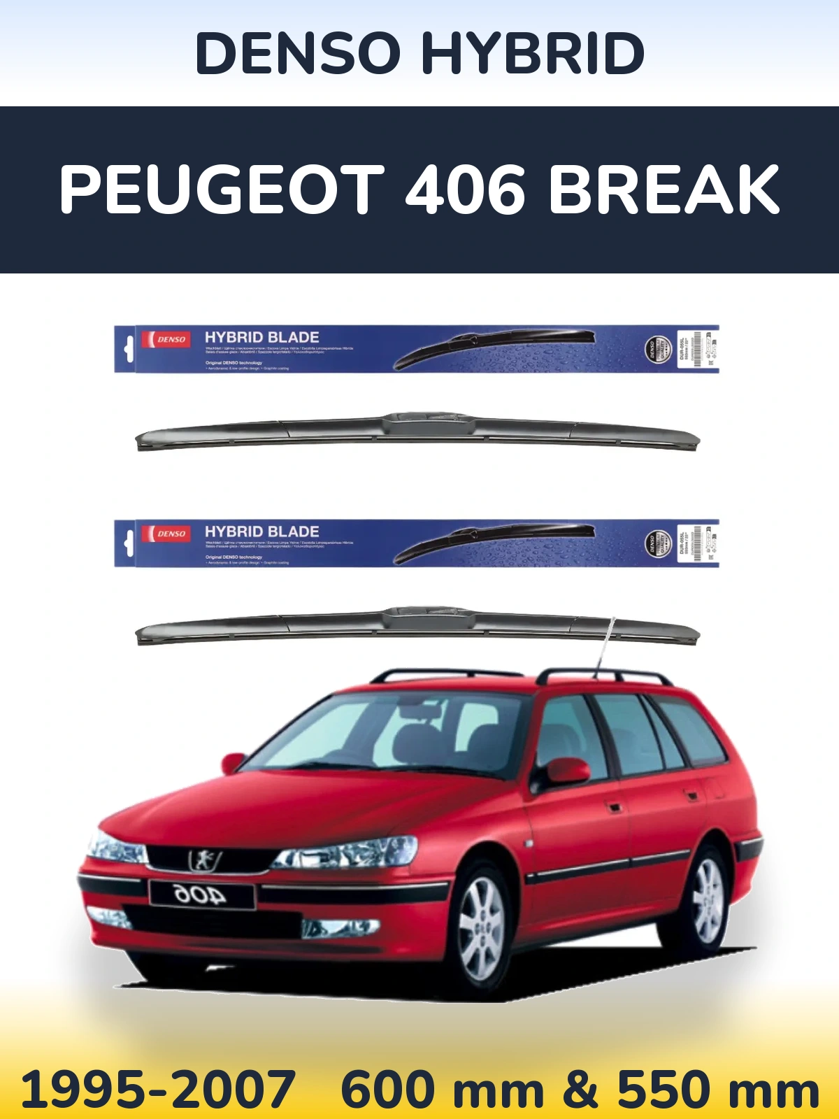 Front wiper blade set Denso Hybrid 600 & 550 mm for Peugeot 406 Break 1995-2007
