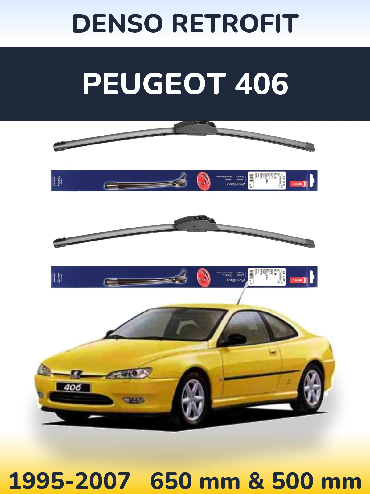 Front wiper blade set Denso Retrofit 650 & 500 mm for Peugeot 406 1995-2007