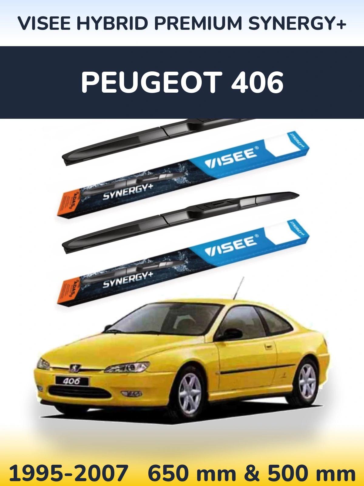 Front wiper blade set VISEE HYBRID PREMIUM SYNERGY+ 650 & 500 mm for Peugeot 406 1995-2007
