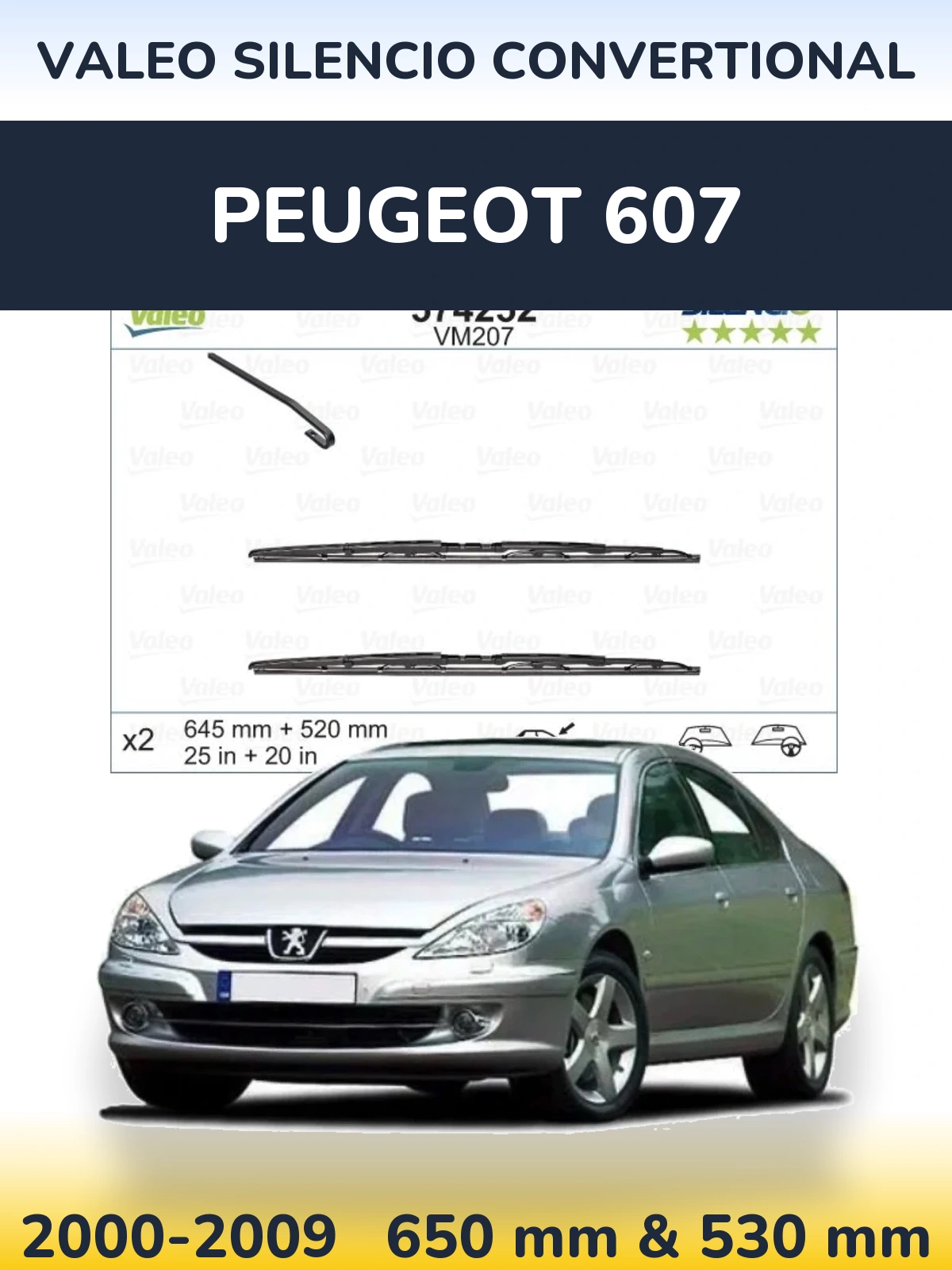 Комплект передніх щіток Valeo Silencio Convertional 645 & 520 мм для Peugeot 607 2000-2009