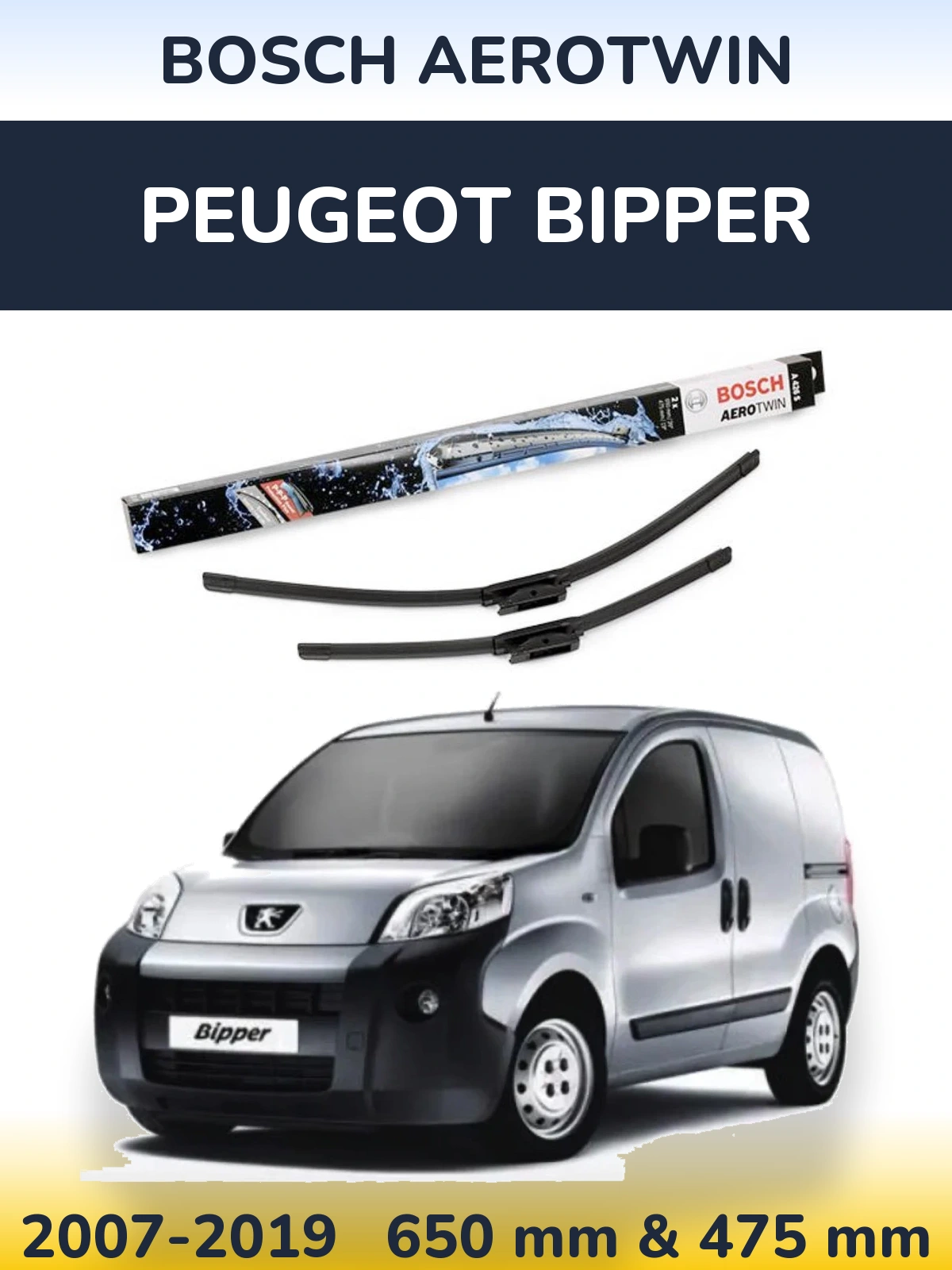 Front wiper blade set BOSCH AeroTwin 650 & 475 mm for Peugeot Bipper 2007-2019