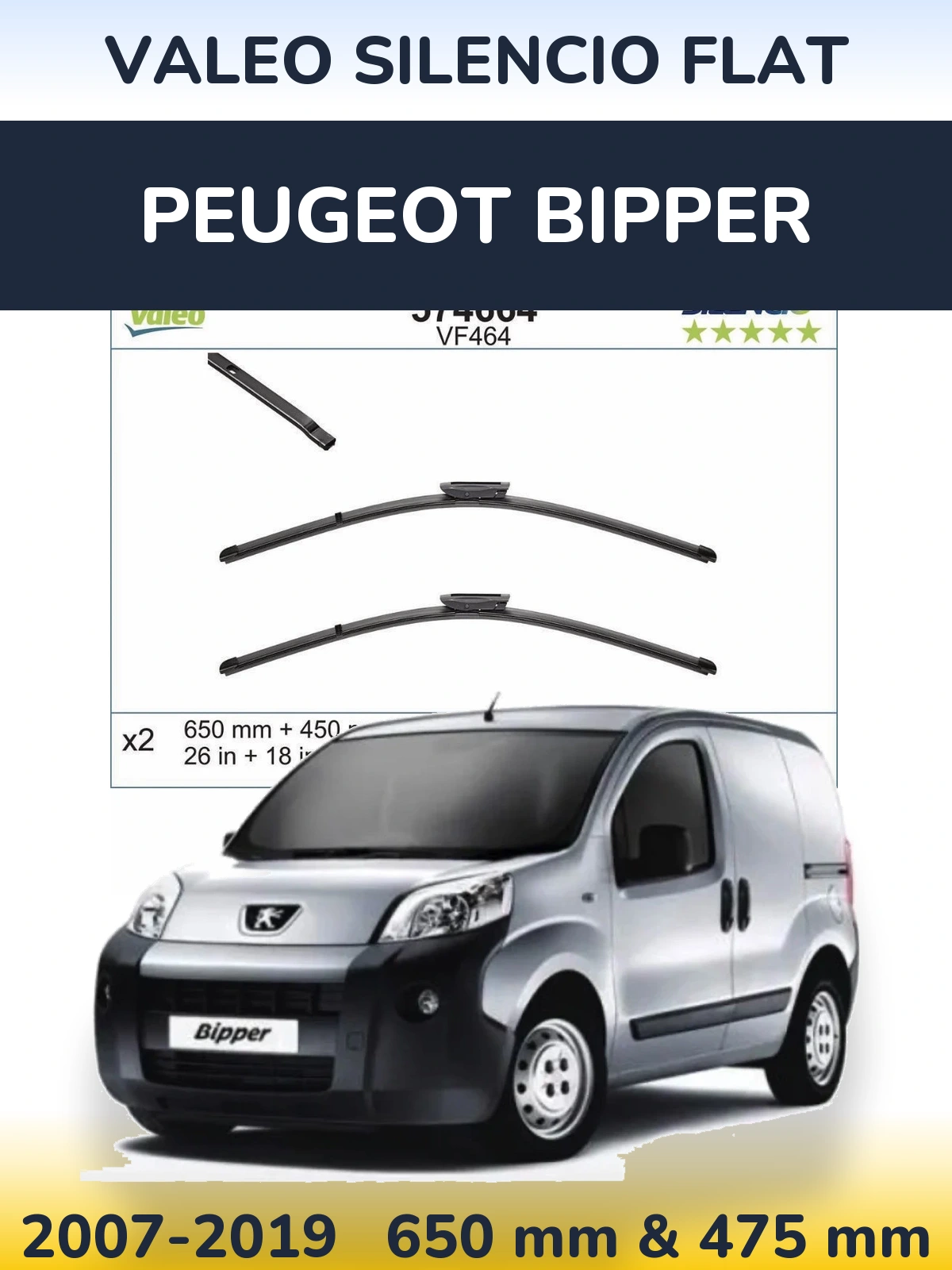 Front wiper blade set Valeo Silencio Flat 650 & 450 mm for Peugeot Bipper 2007-2019