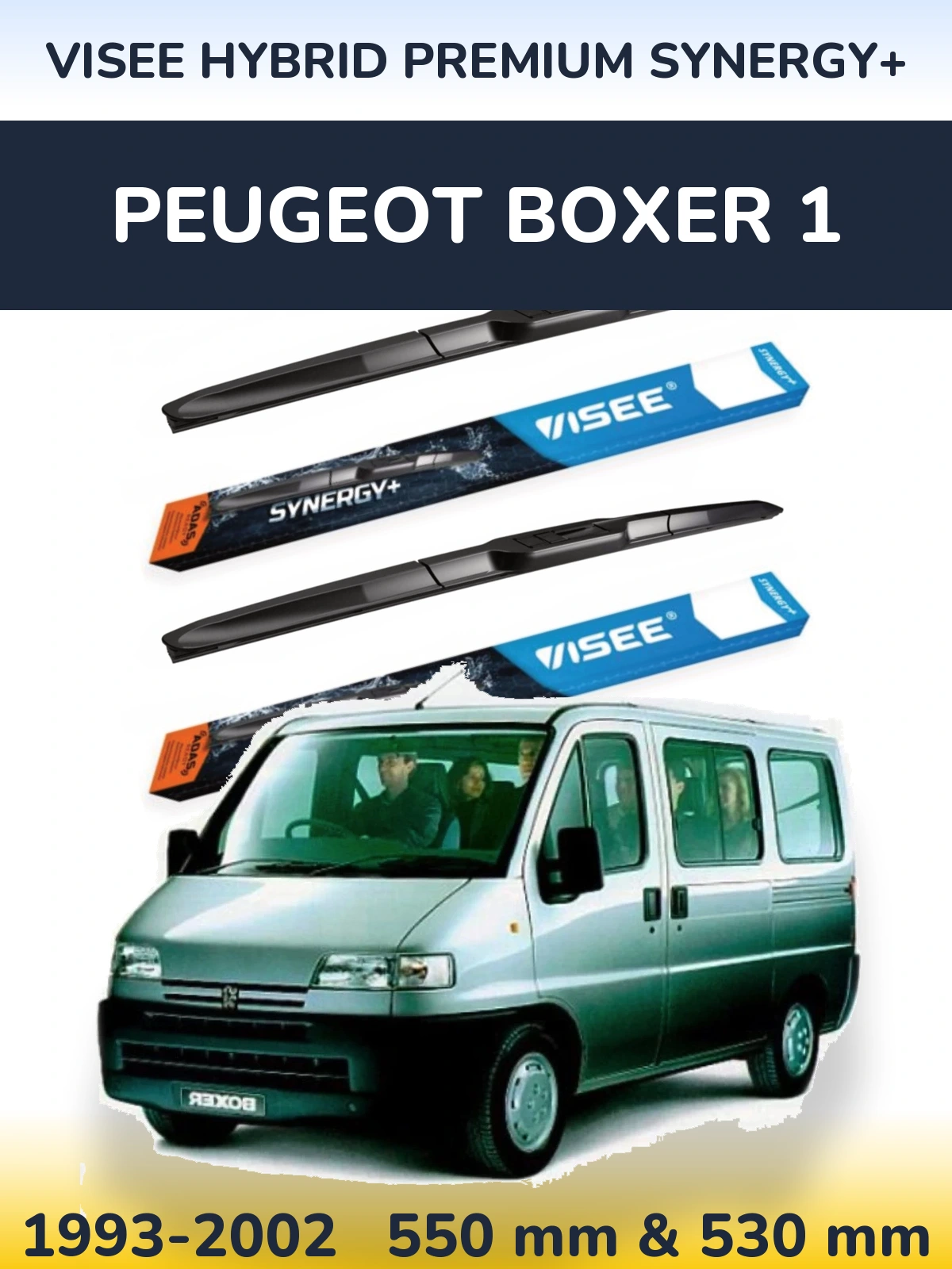 Front wiper blade set VISEE HYBRID PREMIUM SYNERGY+ 550 & 530 mm for Peugeot Boxer 1 1993-2002
