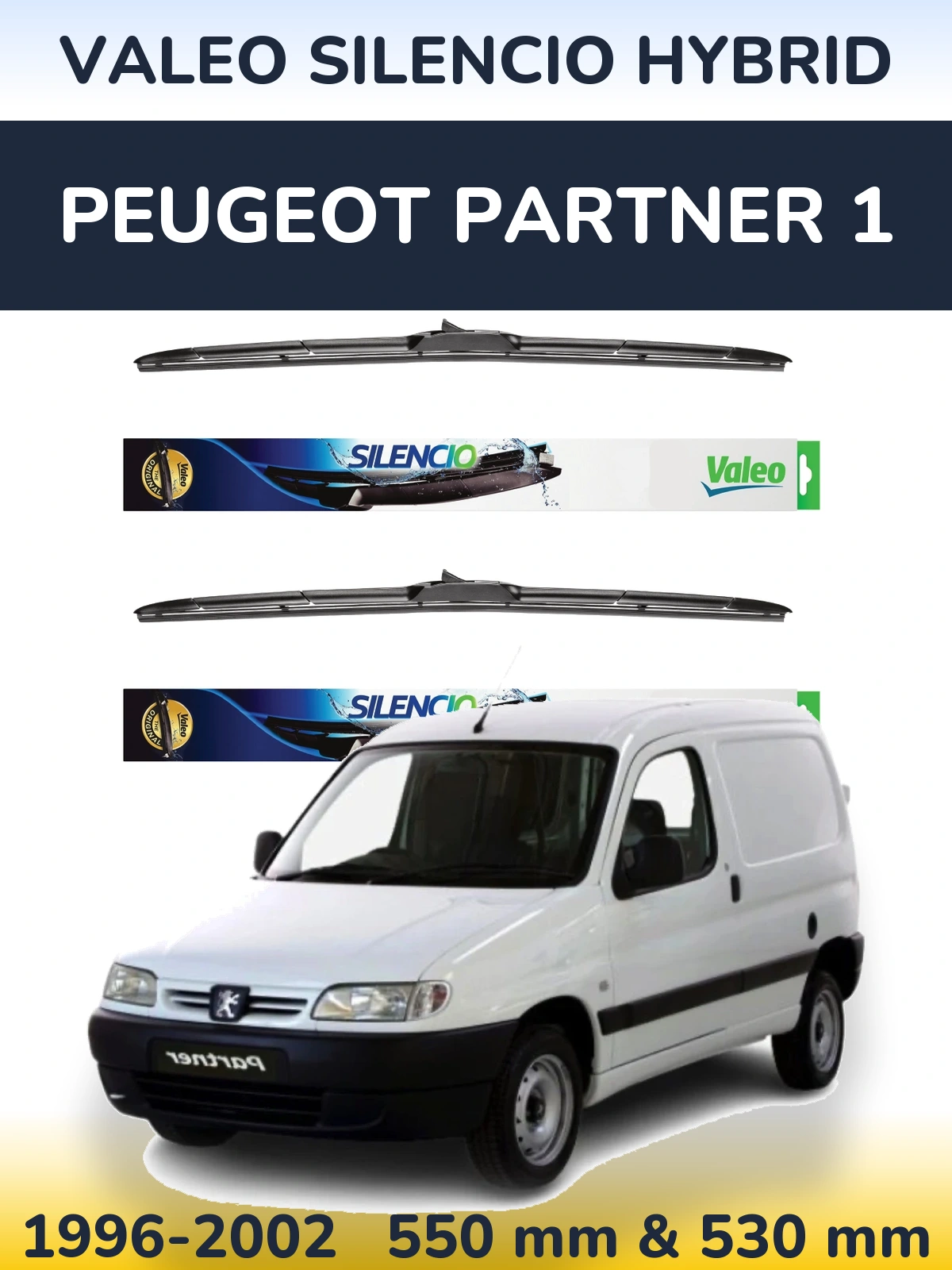 Front wiper blade set Valeo Silencio Hybrid 550 & 530 mm for Peugeot Partner 1 1996-2002