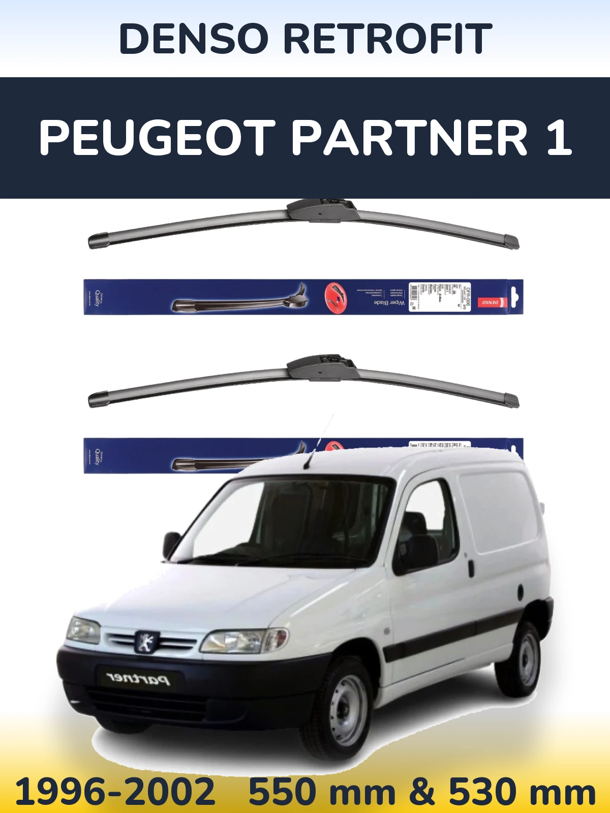 Front wiper blade set Denso Retrofit 550 & 530 mm for Peugeot Partner 1 1996-2002