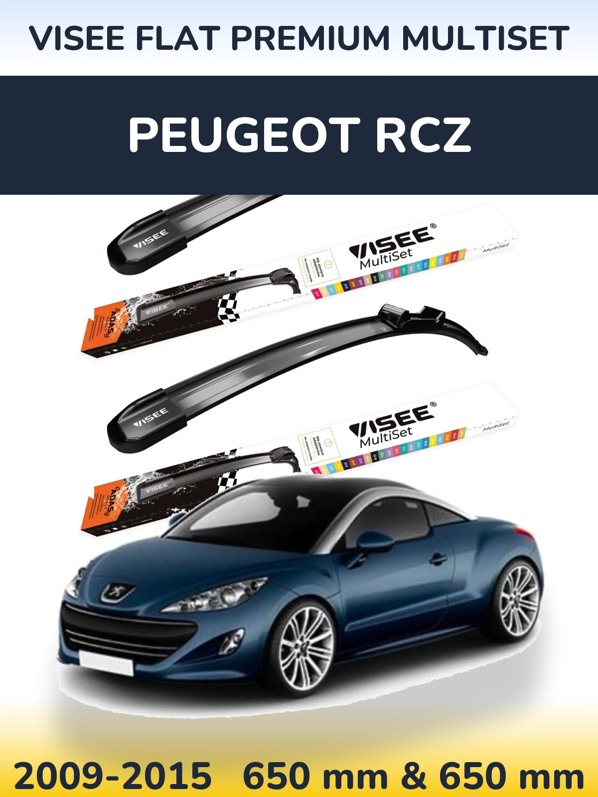 Front wiper blade set VISEE FLAT PREMIUM MultiSet 650 & 650 mm for Peugeot RCZ 2009-2015