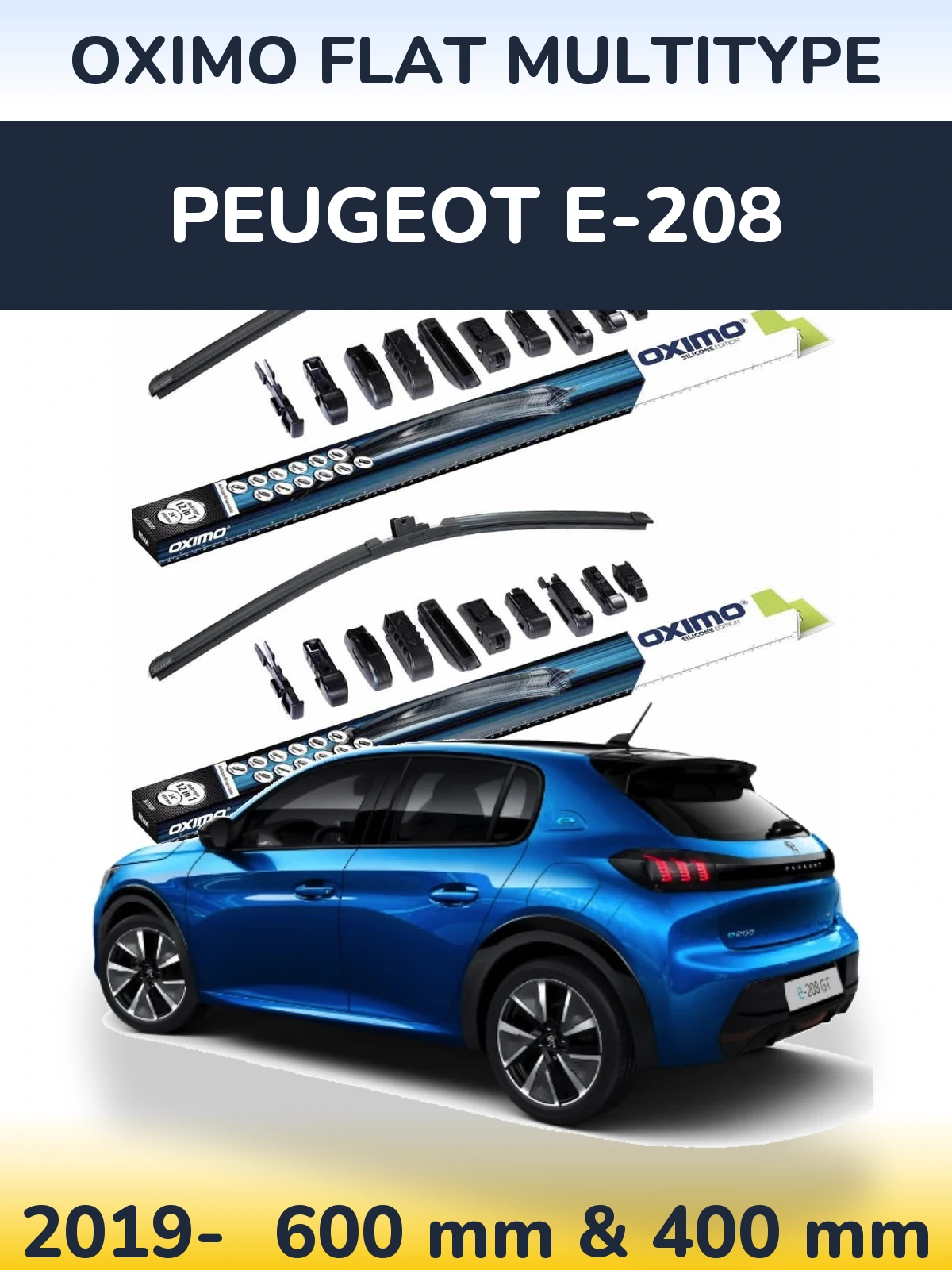 Front wiper blade set Oximo Flat MultiTypee 600 & 400 mm for Peugeot e-208 2019-2026
